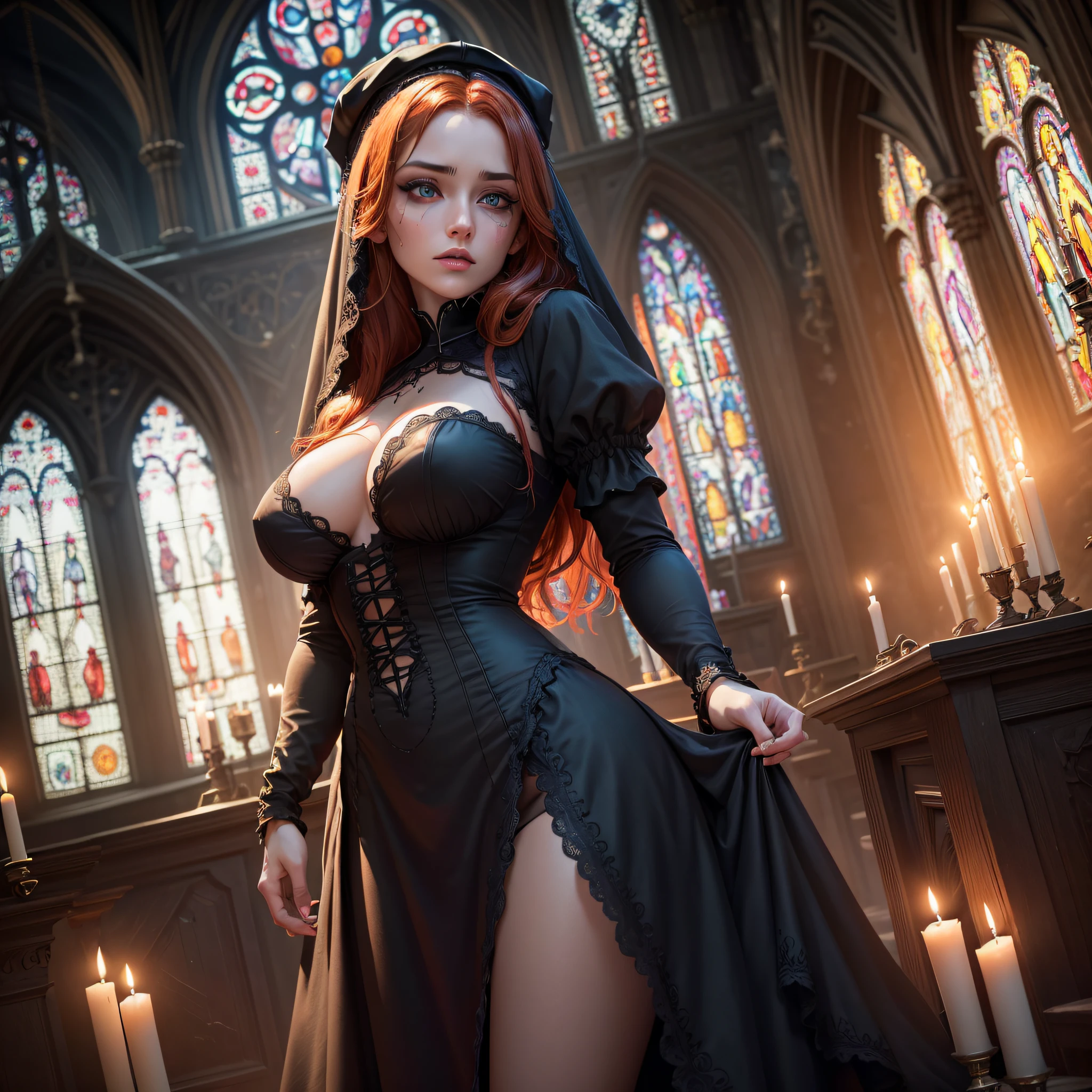 best quality,ultra-detailed,realistic:1.37,(HDR,UHD),(studio lighting),(physically-based rendering),vivid colors,bokeh,8k,masterpiece:1.2,professional,portraits nun, torn-apart clothes, big breasts, on her knees holding her whimple, colorful gothic church, detailed face, eyes crying, lips, long eyelashes, mascara dripping from eyes, dark makeup, intense expression, flowing hair, stained glass windows, candles, altar, religious symbols, gothic architecture, vibrant colors, dramatic lighting, redhead