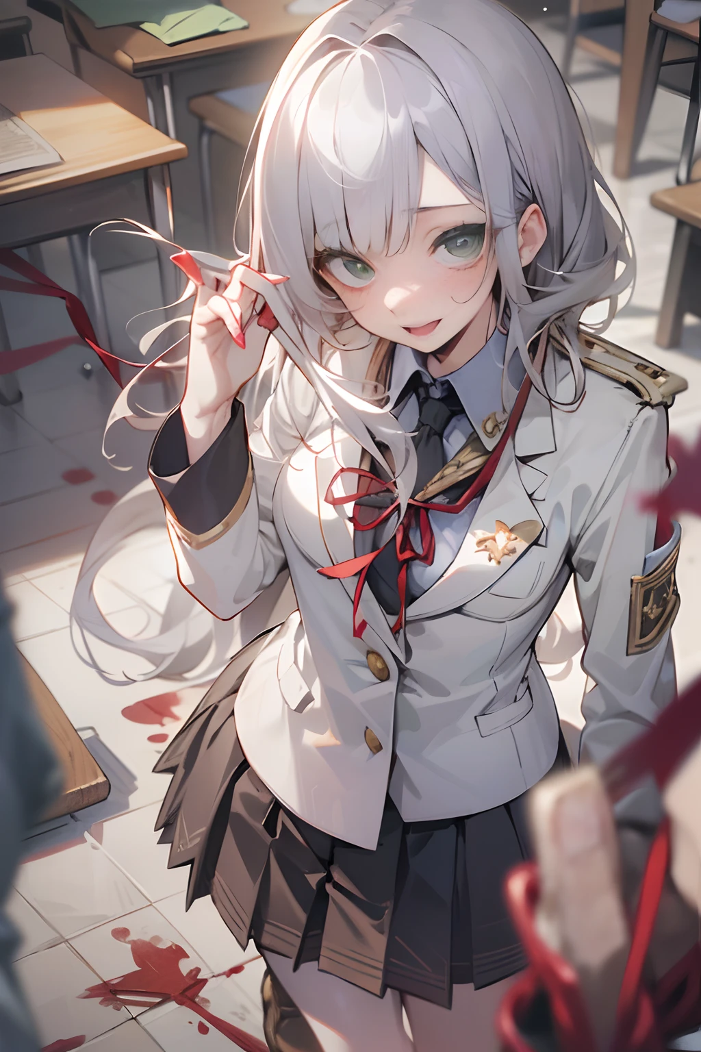 ((Masterpiece)), (Professional Photography:1.2), (High Definition:1.3), best quality, 8K, from above, wide shot, Textured skin, cinematic lighting, (very crazy face, despair eyes), ((Crazy eyes, crazy smile, open mouth)), short stature, ((1girl, )), (extend arm), Blood splattered on the floor, Eerie and horror dark classroom, (very blunt bangs, slightly loose curls hair, breasts length hair, high details of pale silver hair, beautiful green eyes,) slender waist, (pale Ivory color blazer student's uniform, white blouse, red string ribbon, brown skirt)