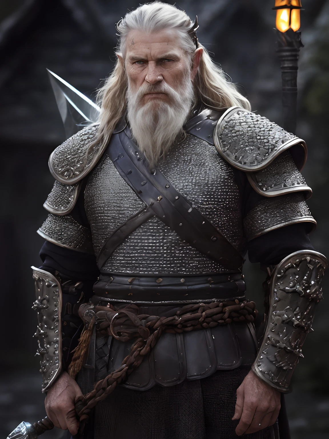 (Highest quality:1.3), cinematic shot, masterpiece, (sharp focus:1.5), (photorealistic:1.3),  medium portrait of (a weary-looking but still proud and fierce-looking old Viking warrior, now the leader of his village, dressed in elaborately detailed chain mail and leather armour, a few torches burn on the walls, giving the scene a dark atmosphere but sculpting the forms in sharp chiaroscuro), it is night time, (highly detailed skin),  (detailed face), detailed background, dark lighting, twilight lighting, volumetric lighting,  intricate details, UHD,