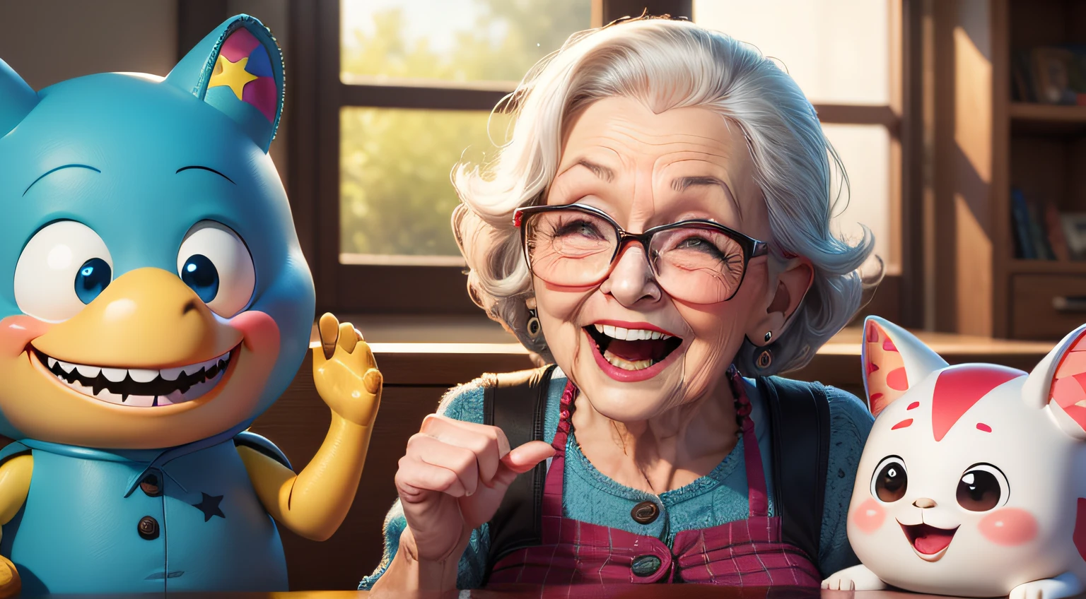 Laughing grandma,adolable,mischievous,pixar-style