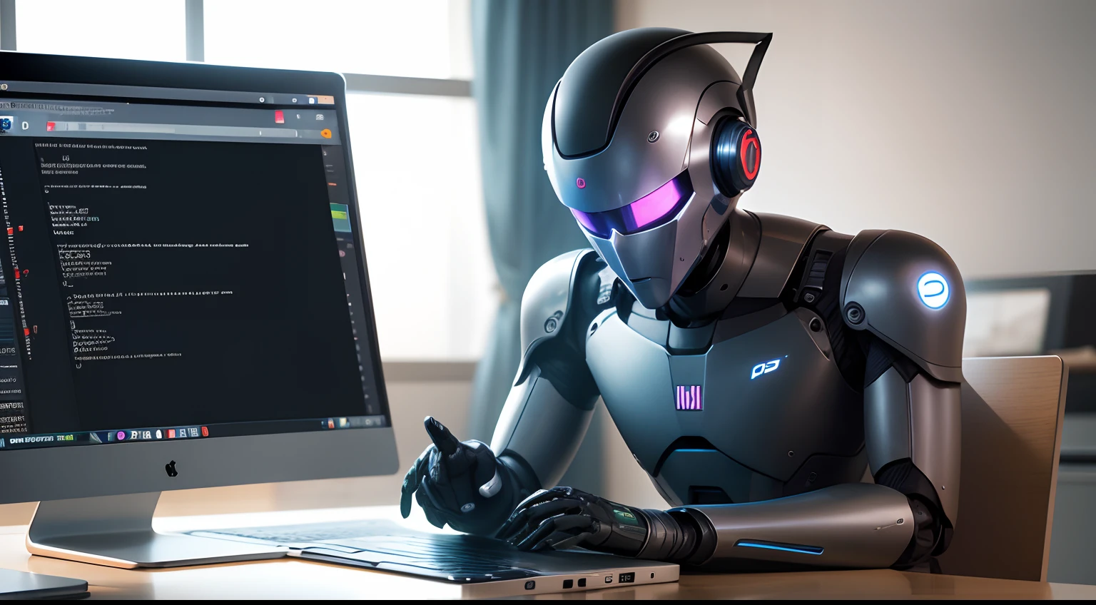 A male robot learn coding display on laptop on Mac laptop.
