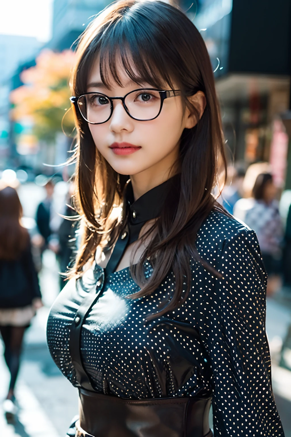 ((japanaese girl)), 8K, Raw photo, Best Quality, ultra-detailliert, Ultra High Resolution, Realistic, photographrealistic, high-definition RAW color photography, professional photograpy, Extremely detailed, 8K Wallpaper, amazing, finely detail, Huge file size, extra detailed face, extremely detailed eye, highlydetailed skin, extremely detailed fingers, highly detailed nose, highly detail mouth, Perfect Anatomy, Highly detailed background, Realistic body, Good figure, blown hair, (Medium Hair), Cute face, Photography, (happy smile), Perfect Skin, Perfect Anatomy, cleavage, (Round glasses), (grid girl), (Mole), ((circuit)), high-angle shot, swept bangs, Full body shot,