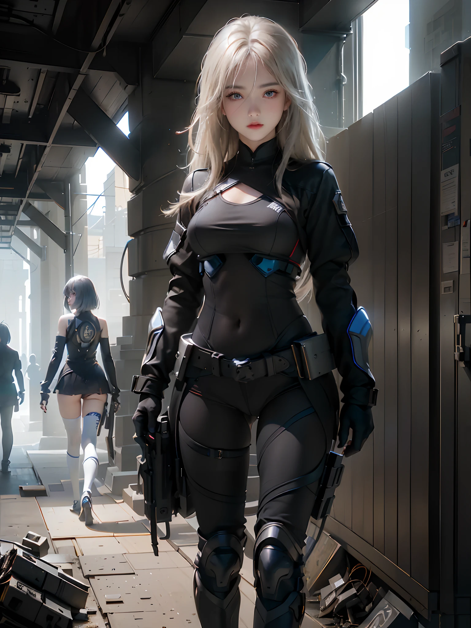 ((top-quality)), (((masterpiece)), (detaileds: 1.4), 3D, Beautiful Cyberpunk Woman Image, bob cuts, Broken black tights, leather clothes, Electromechanical, nffsw(HighDynamicRange), Ray traching, NVIDIA RTX, Hyper-Resolution, Unreal 5, Sub-surface scattering, PBR Texture, Postprocess, Anisotropy Filtering, depth of fields, Maximum sharpness and acutance, Multilayer Texture, Albedo and Highlight Maps, Surface Coloring, Accurate simulation of light-material interactions, perfectly proportions、octane renderings、two tone lighting、Large aperture、Low ISO、White Balance、thirds rule、8K Raw、masterpiece、top-quality、(8k extremely detailed CG unit wallpaper)(top-quality)、(The best illustrations)、(Best Shadows), innocent blue eyes, long hair, body swimsuit, poni hair