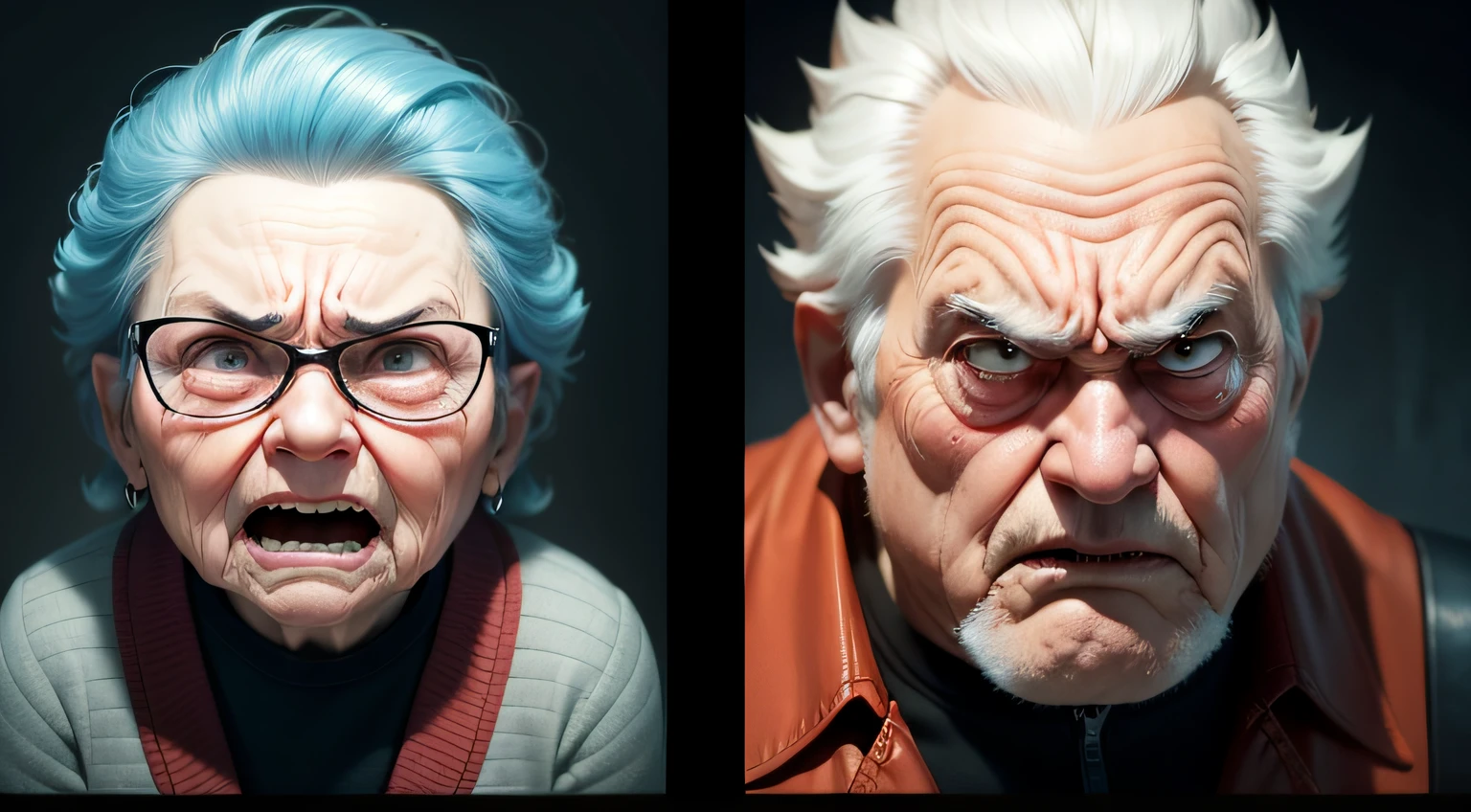 Angry grandma and crying grandpa,pixar-style