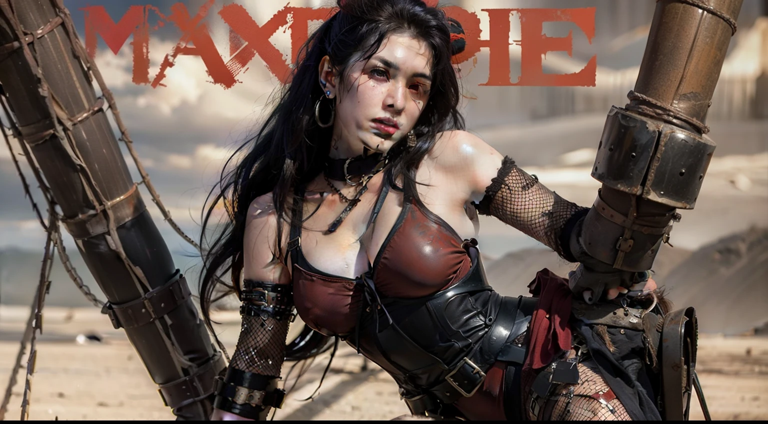 Post-apocalyptic female warrior (Ohwx woman) in Simon Bisley style for the cover of Heavy Metal magazine, wearing teared red shirt and black fishnets, with some barbed wires around her left leg thigh, scantily clad, art by Simon Bisley
