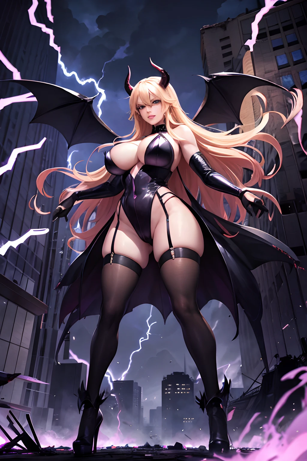 Stormy Daniels as a hyper-giant, Hyper-powerful demon with a demon horn on its head and demon wings, and throws purple lightning bolts at a building and breaks buildings , ville en ruine post apocalyptique,