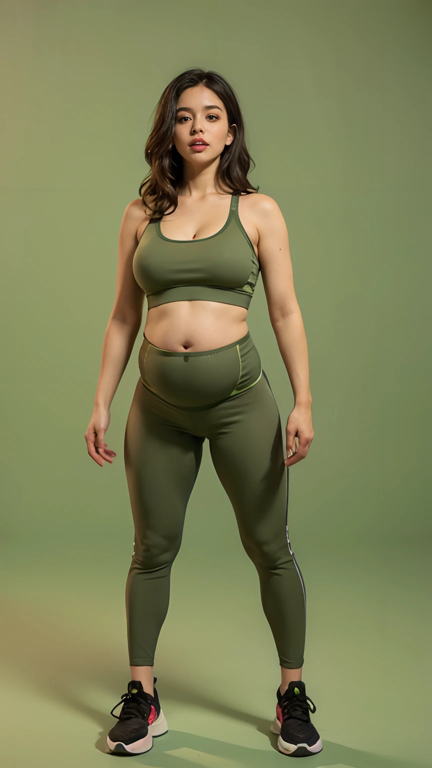a pregnant woman in a green sports bra top and leggings, tight outfit, two piece workout clothes, kaki body suit, full body length, olive green, full body length shot, tight attire, energetic varia suit, long full body shot, full upper body, full body shot close up, olive, full body picture, full body full height, “ full body