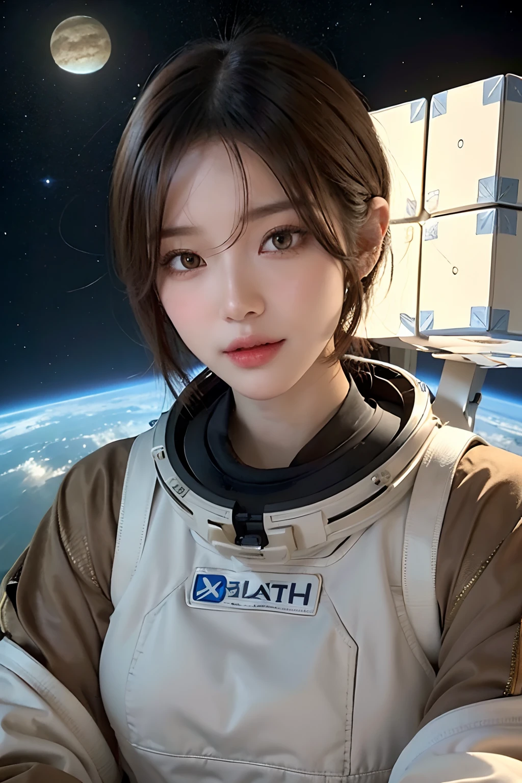 top-quality、​masterpiece、超A high resolution、(realisitic:1.4)、Beautuful Women１、Beautiful detail eyes and skin、ssmile、Light brown short-cut hair、The perfect spacesuit、spaceships、Mysterious planet、Sand Planet、sandstorm、Mysterious giant cube object、