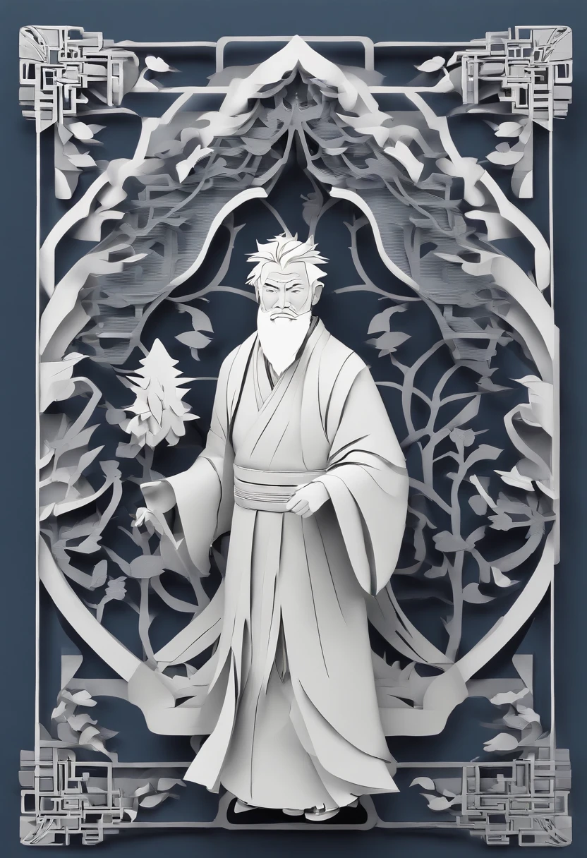 Gray-haired middle-aged man,Lightning bolt in hand, Blue Taoist robe, Strong