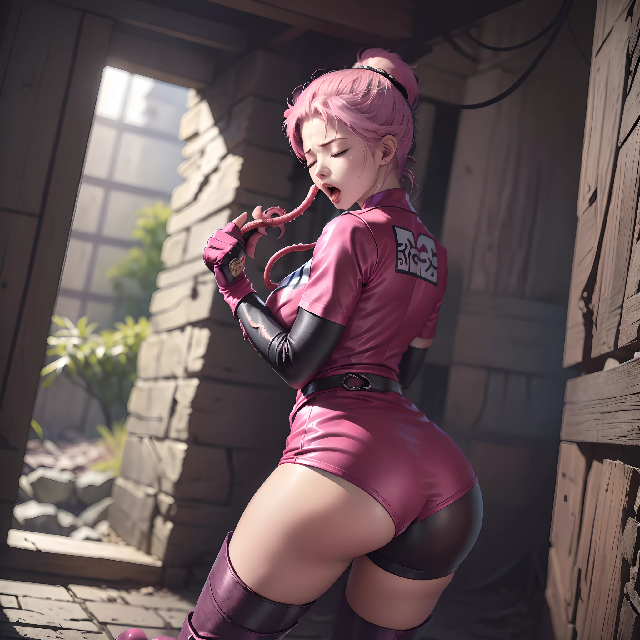 (masutepiece:1.1, Best Quality:1.1), hold fists, (Maam, Dragon quest), 1girl in, Solo, (super gigantic breast:1.55, Pink hair, Fingerless gloves:1.15, Pink gloves:1.3, Torn pink martial arts uniform:1.4, long boots), (The tentacle monster makes her from behind:1.8, yawn and closed eyes:1.15, In a stone house:1.35), Dark atmosphere,