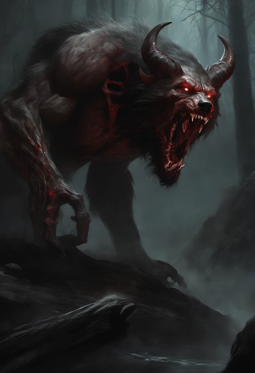 A painting of a werewolf creature with a bloodied face with horns, carnage, Sci - Horror Art of Fiction, Science fiction horror artwork, inspired by Aleksi Briclot, wolf, de carnage, Horror fantasy art, par Aleksi Briclot, Horror concept art, venin, Art fantastique et horreur, Detailed illustration of 4K horror, beast creature, Dark Horror Art