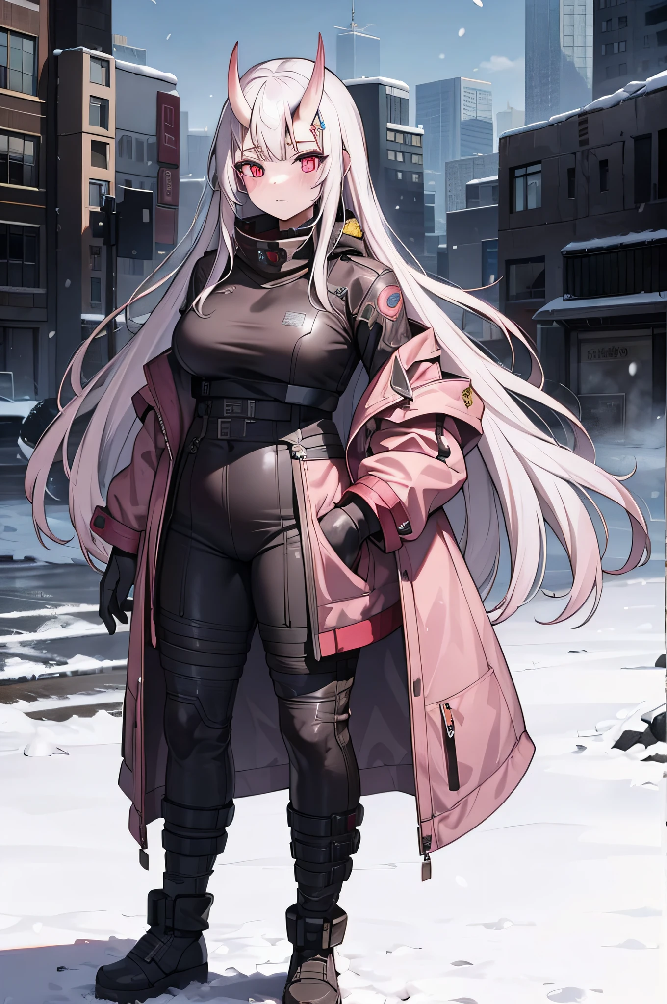 Solo, white hair, very long hairs, pink eyes, futuristic coat, breasts, oni horns, wasteland, ruined_cityscape, full body, snow
