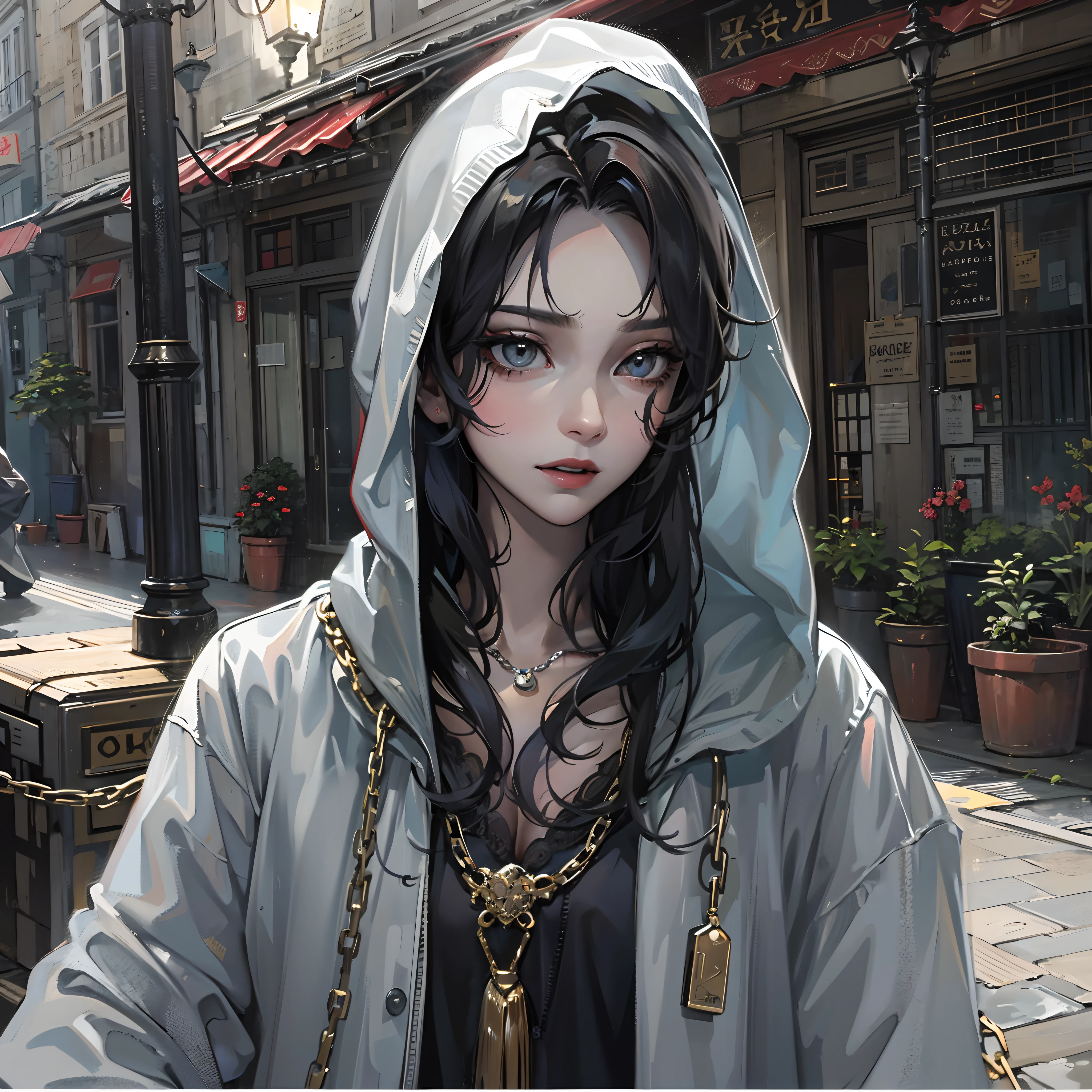 A peerless beauty in a gray robe stands in the street,(Hands naturally hang at your sides),European Middle Ages,A look of disgust,God of mischief,sneering,Chains,Leaky shoulders,with short black hair,a crystal pendant,Absurd style,Black silk gloves,White skin of the,((Poor milk)),((tmasterpiece)),(Best quality at best),(Highest definition)