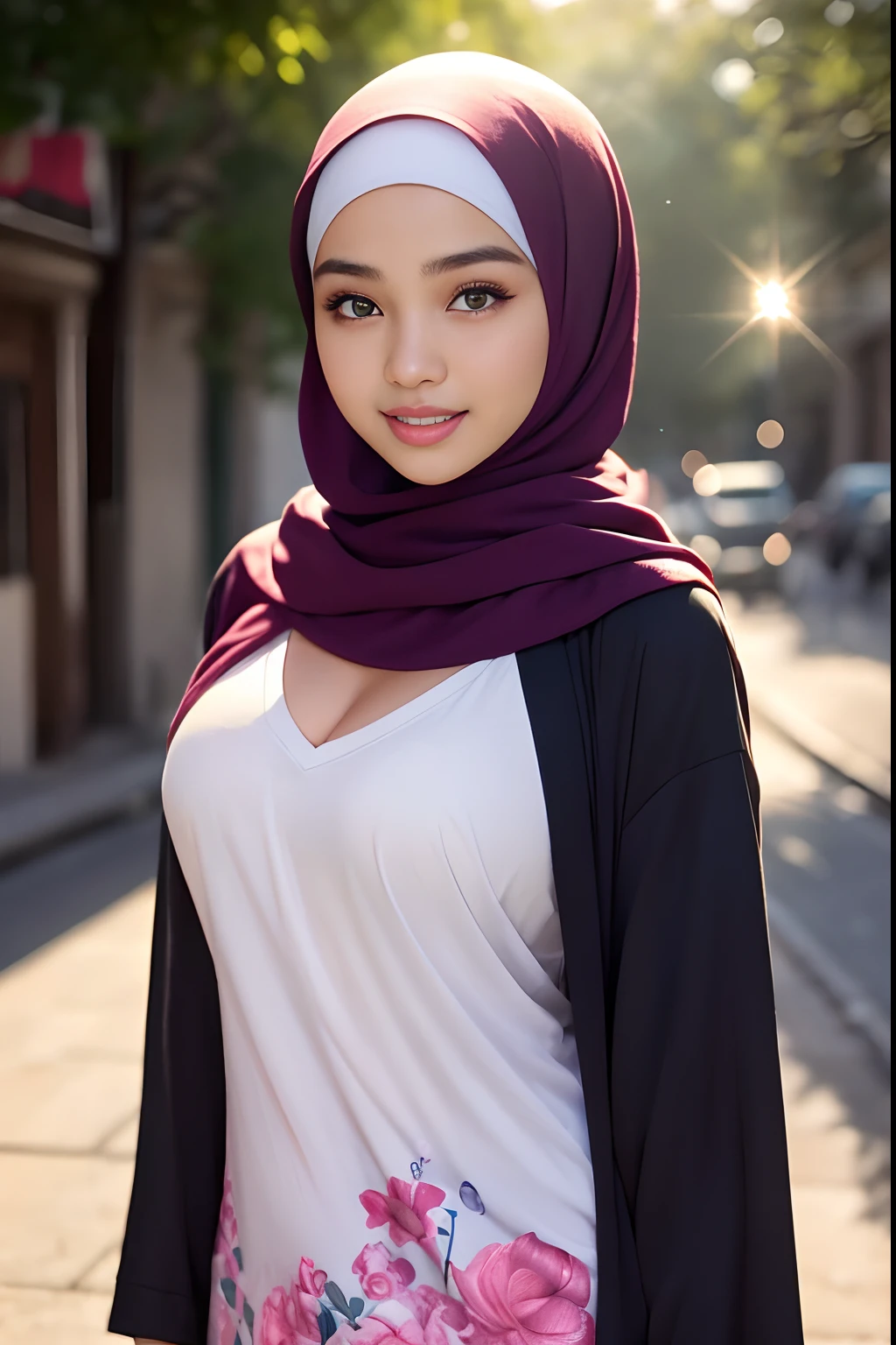 (night scene, close up photo of a sexy naked malay girl with hijab, posing, look at a camera and smile, red pastel hijab, (green eyes:0.8), big breast, cute young face, 21 yo, soft volumetric lights, (backlit:1.3), (cinematic:1.3), intricate details, (ArtStation:1.2),Best quality, high resolution, masterpiece: 1.3), a beautiful malay woman in hijab, big breasts, slim figure, sweatshirt, beautifully presented details in the street and facial and skin texture, detailed eyes, double eyelids, big eyeschest visible, shirt open
