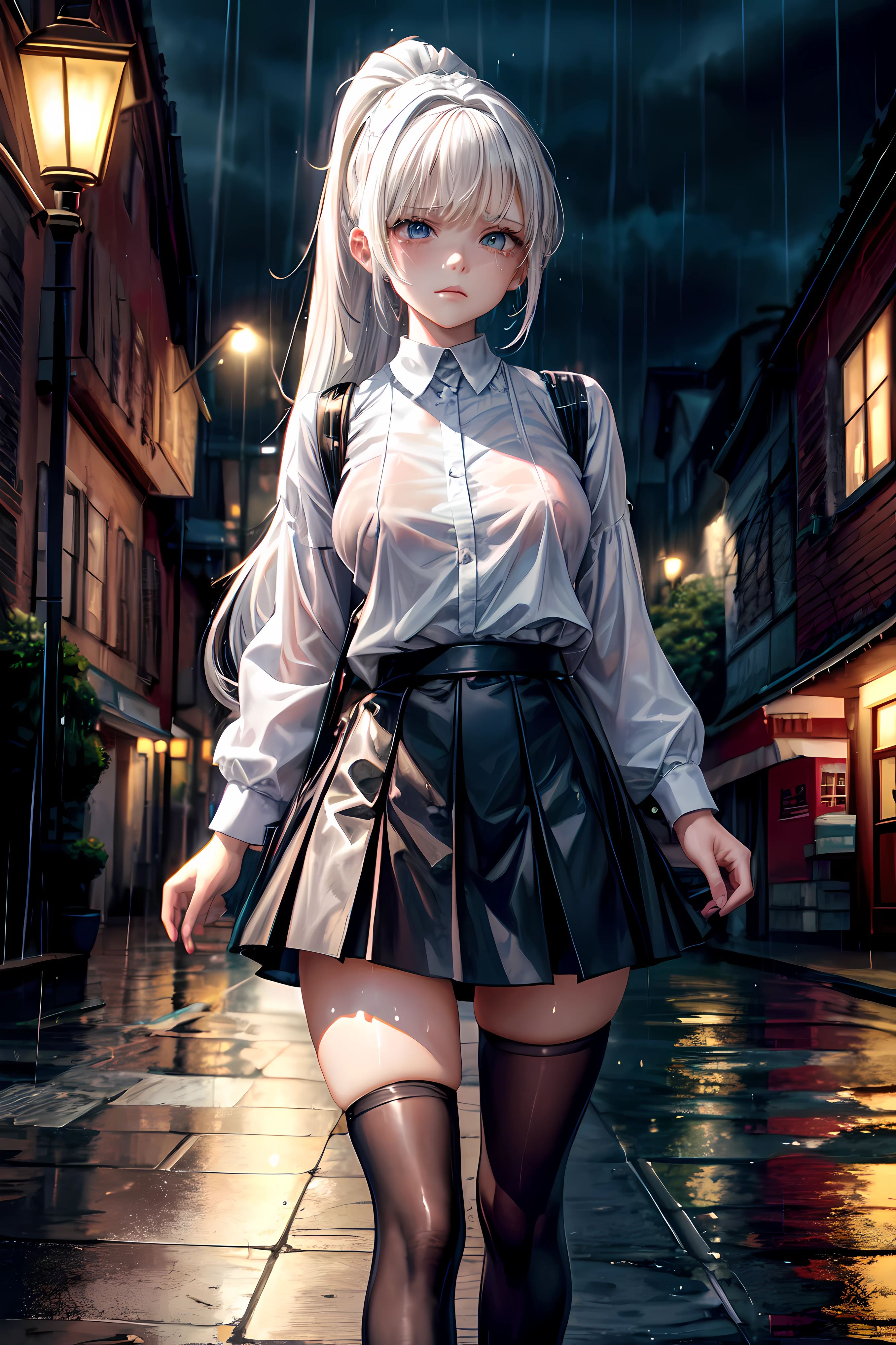 masterpiece, best quality, ultra detailed, 1girl, long white hair, bangs,ponytail, short black shirt, ((sad look)), small boobs, short black schoolgirl skirt, black tights, black sneakers, ((beautiful rainy night)), tears, houses, wet, road, lampposts, flowers, detailed scenery, dynamic angle, dynamic pose, starrystarscloudcolorful, bad-girl, mature female