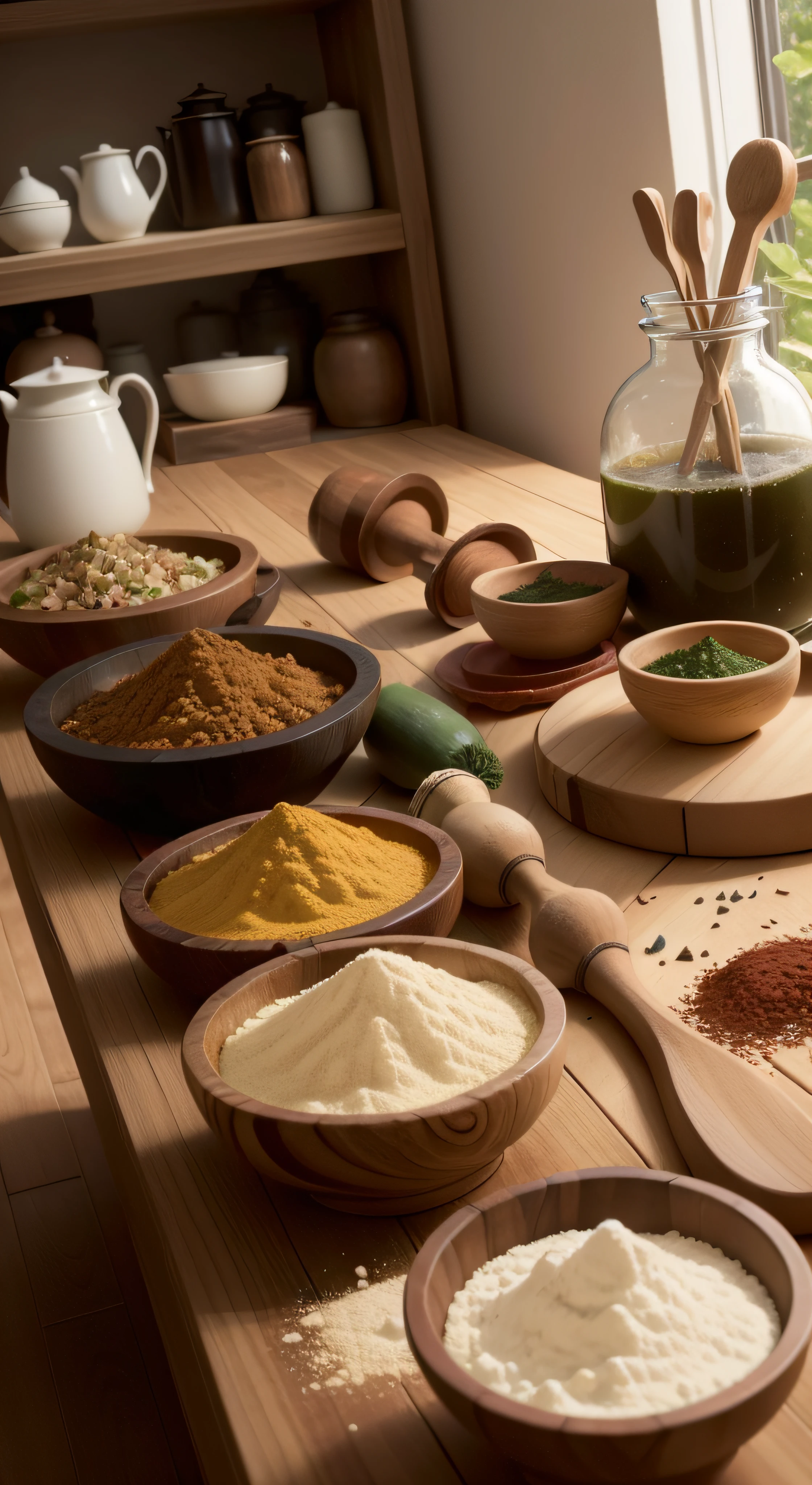 table with various ingredients scattered, alho, Canela, salsa, alecrim, curcuma,Condimentos, small loose grains, colher de pau, five pots with colored powders, pestle, galhos de alecrim, loose oil capsules, vidro de azeite