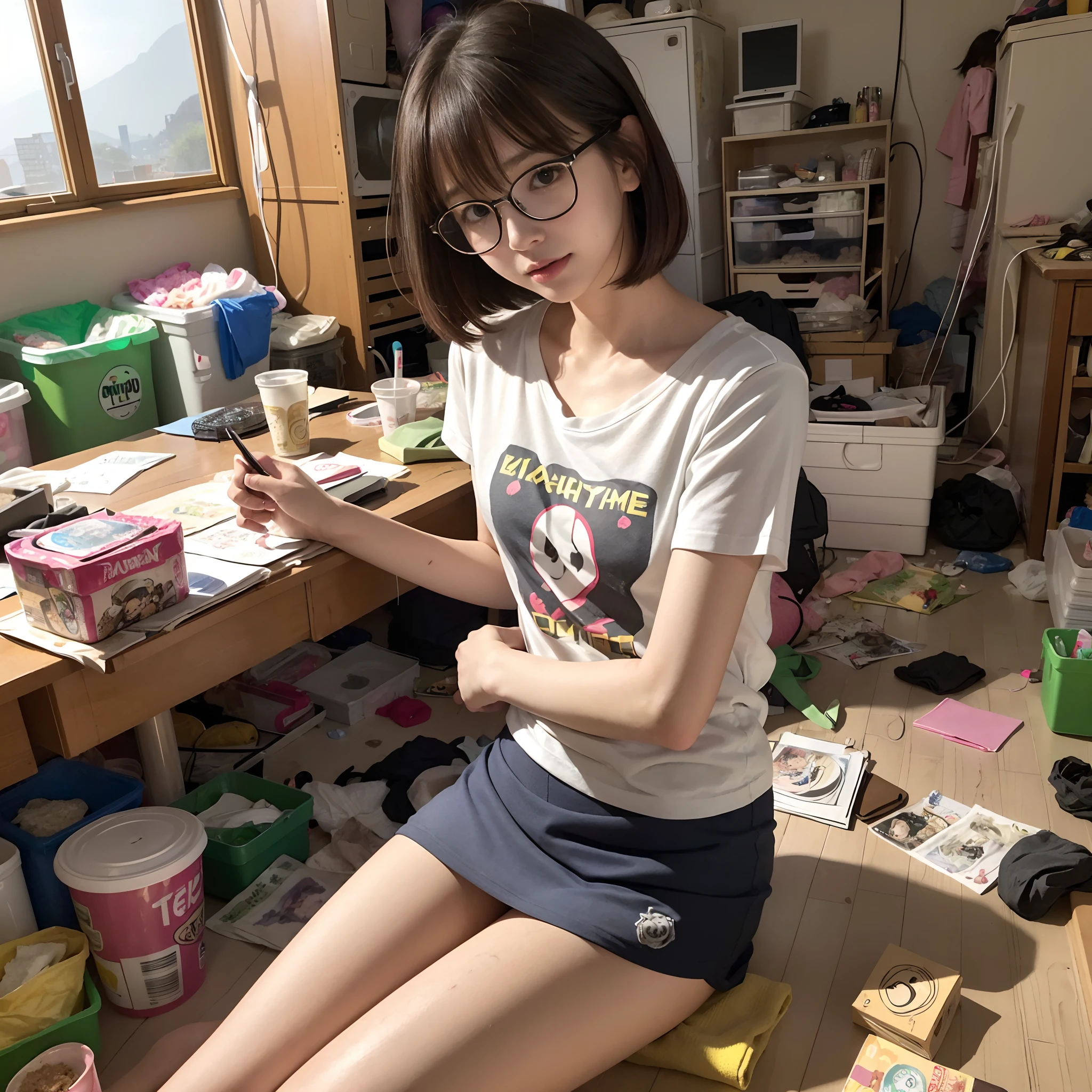 (8K、Raw photography、Top image quality、​masterpiece、:1.2)、(realisitic、Photorealsitic:1.37)、***1人、独奏、(Sitting on the garbage in an incredibly dirty room、Cute Japan girl operating smartphone:1.4)、Anime Otaku Girls、A dark-haired、short-hair、dishevled hair、Unkempt hair、bangss、Happy expression on face、Small bust、Wearing glasses、Anime Character Print T-Shirt、a miniskirt、head phone、Sitting on the floor、Agra、Room full of garbage、Garbage with rolled tissue、Surrounded by mountains of cartoons、Lots of anime character figures are on display.、Anime poster on the wall、Potato chips on the desk、Spilled potato chips、Roll Energy Drink、Scattering of food waste、Messy room、Underwear left undressed on the floor、超A high resolution、physically-based renderingt、cinematlic lighting、dynamic ungle