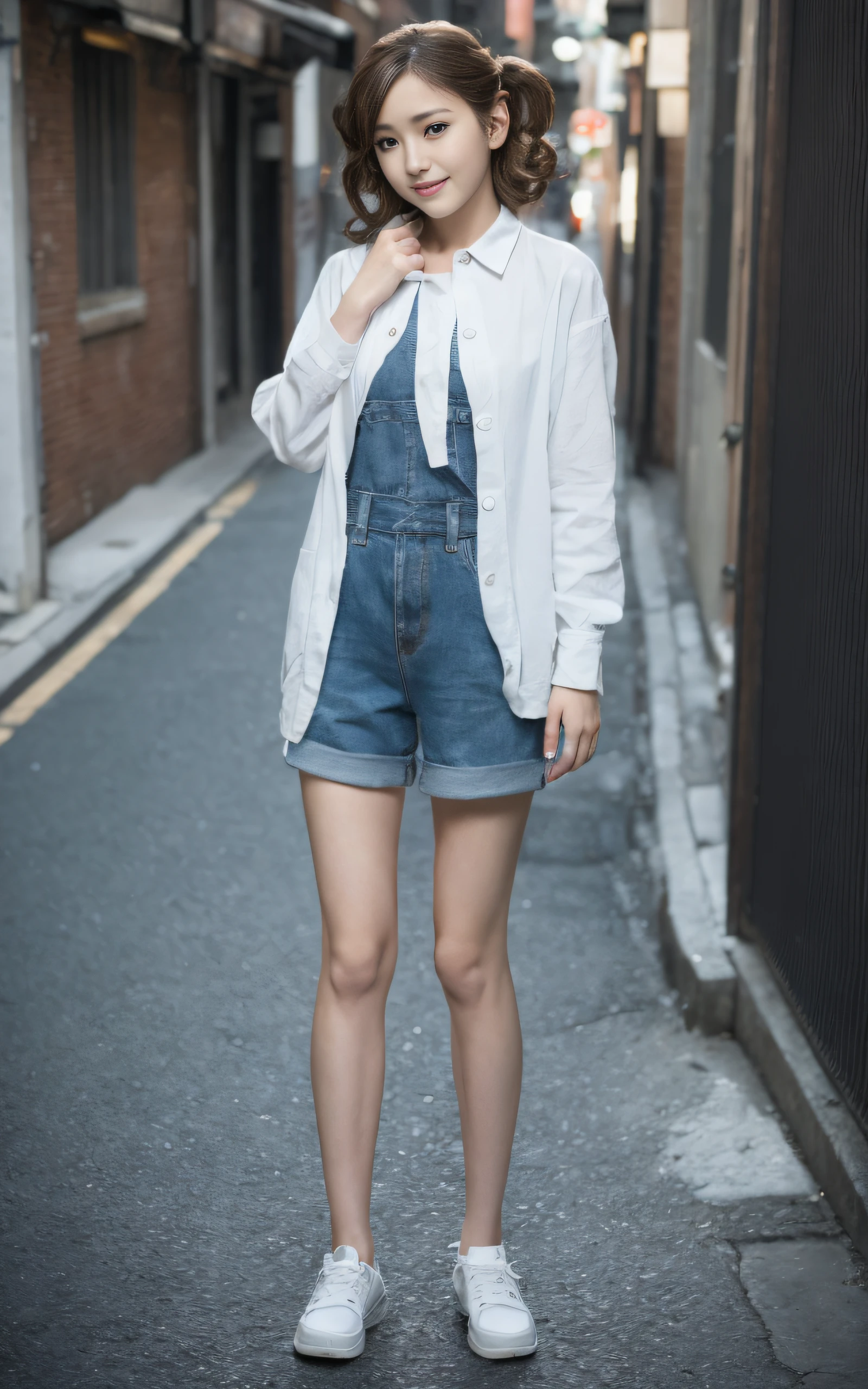 Top quality, realistic, perfect human body structure, very detailed, very delicate and beautiful, RAW photography, walking, residential street, dynamic pose, professional lighting, luminescence, depth of field, single focal, ((full body:1.5)), 13 year old girl, smile, brown hair, small head, ((big)), baby face, beautiful eyes, real face, realistic skin, detailed eyes, (fashionable hairstyle: 1.3), gravure idol, absurderes、Incredibly Ridiculous res、Extremely fine,