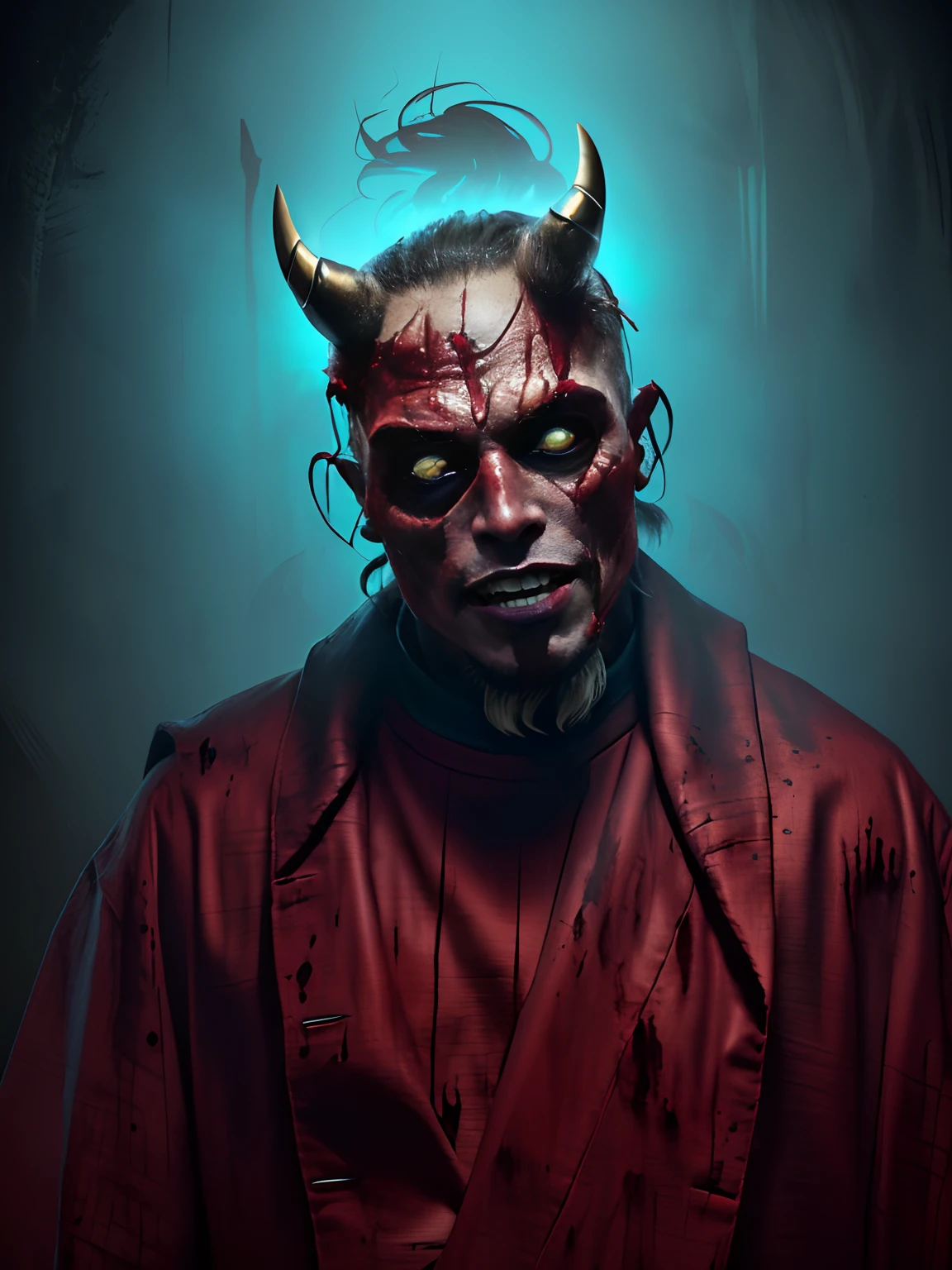 Elon musk with a horned head and a bloodied face, Fit male demon with white horns, diabo, dren de emenda, devils, male vampire of clan banu haqim, the devil, satanic horror, Moloch, com chifres, butcher angry rotting zombie, demoniaca, Tom espera como Hellboy, a devilish grin on his face