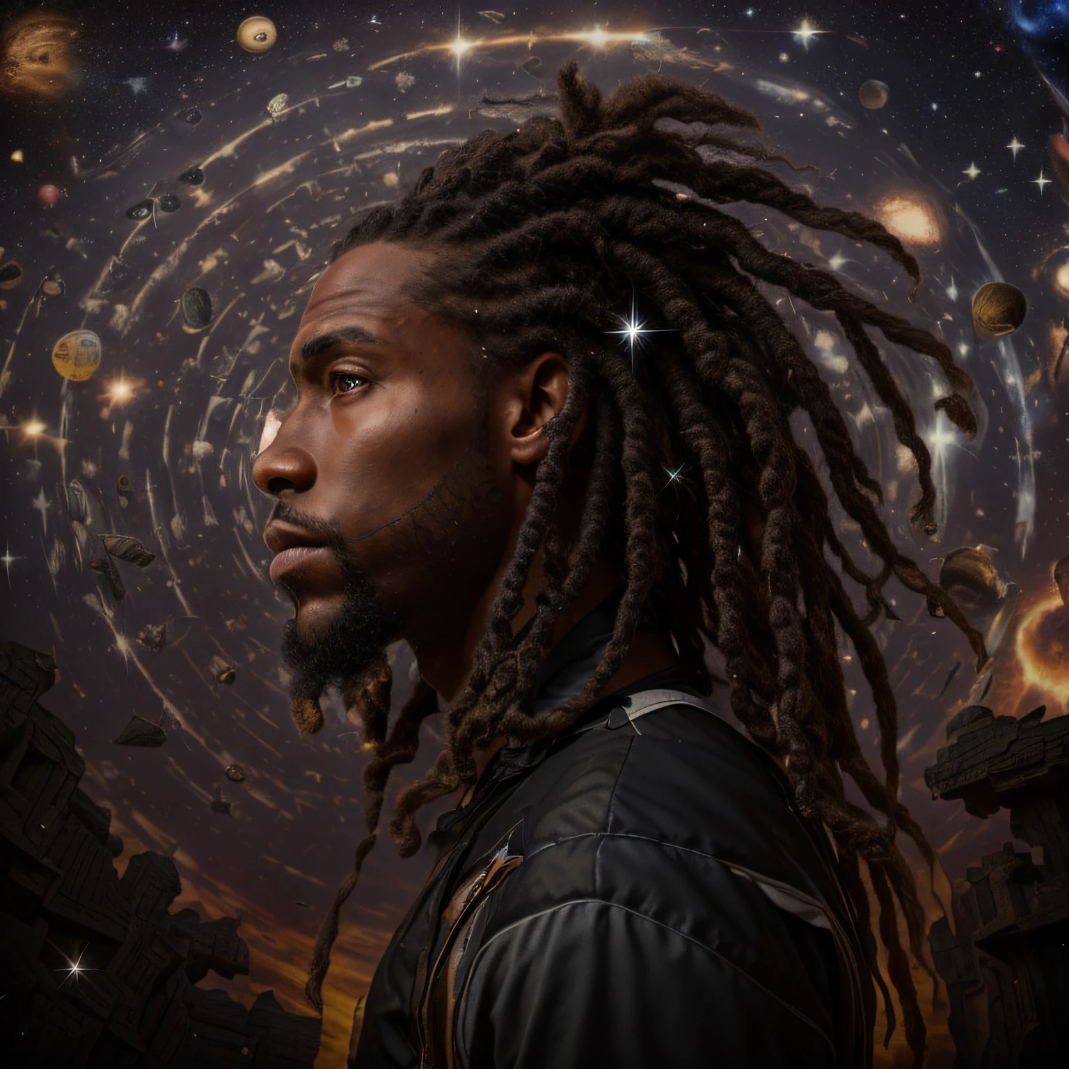 Homem arafed com pavorlocks olhando para uma espiral de estrelas, um homem negro com longos cabelos cacheados, Portrait of a cosmic god, Rastafari, arte raggae, Dreadlock cabelo preto, [sirius], portrait of a cosmic entity, estrela nascida, Mystical setting, Jesus Negro, pavor, Hair of the pavorlock breed, inspirado em Johfra Bosschart