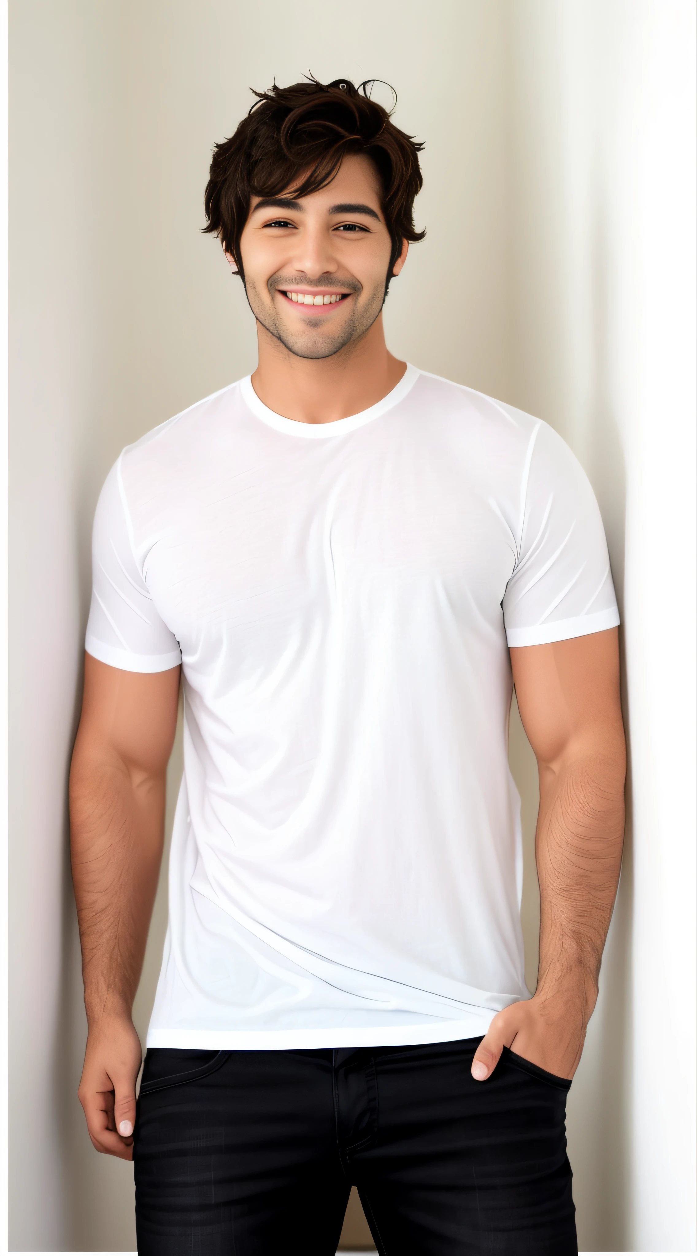 um homem branco cabelo natural, sorriso bonito, in white shirt and black jeans posing for a photo, tshirt branca lisa, camiseta branca, mangas curtas, vestindo camisa branca, camisas brancas plano de fundo cinza