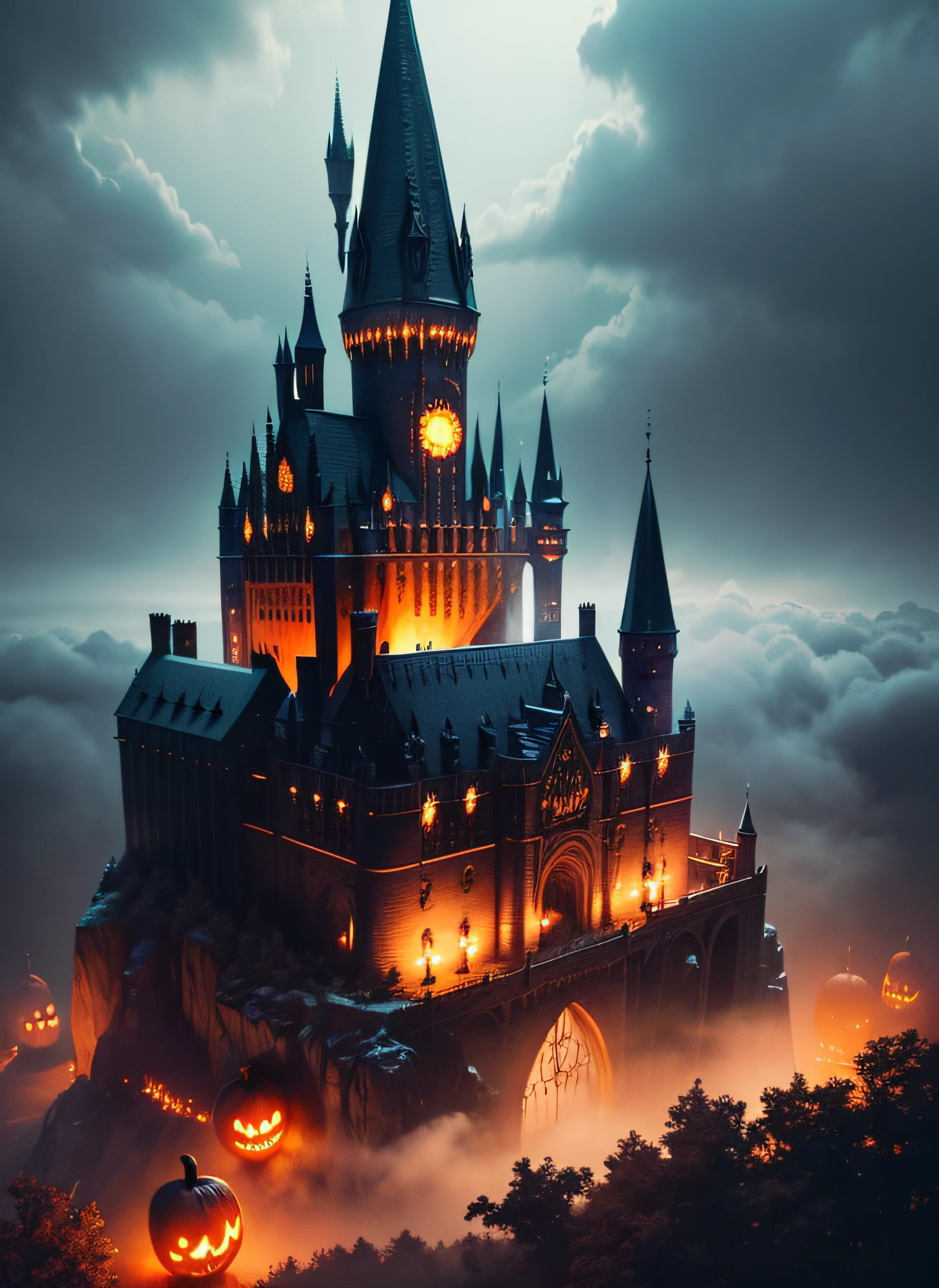 Generate high-resolution images that evoke a magical Halloween atmosphere with a distinct Harry Potter aesthetic. The scenes should be both unique and beautiful, featuring enchanting landscapes, spellbinding wizardry, and iconic elements from the Harry Potter universe such as wands, broomsticks, owls, and Hogwarts Castle.Please ensure that the images possess an ultra-realistic quality with sharp details, vibrant colors, and excellent lighting. Enhance their photo quality to make them appear as if they were captured by a professional photographer. Emphasize the magical essence of the scenes by adding soft, ethereal lighting and a touch of cinematic depth.Feel free to include Halloween elements like pumpkins, bats, haunted forests, and ghostly apparitions. Ensure that each image is a work of art that captures the essence of both Halloween and the world of Harry Potter.