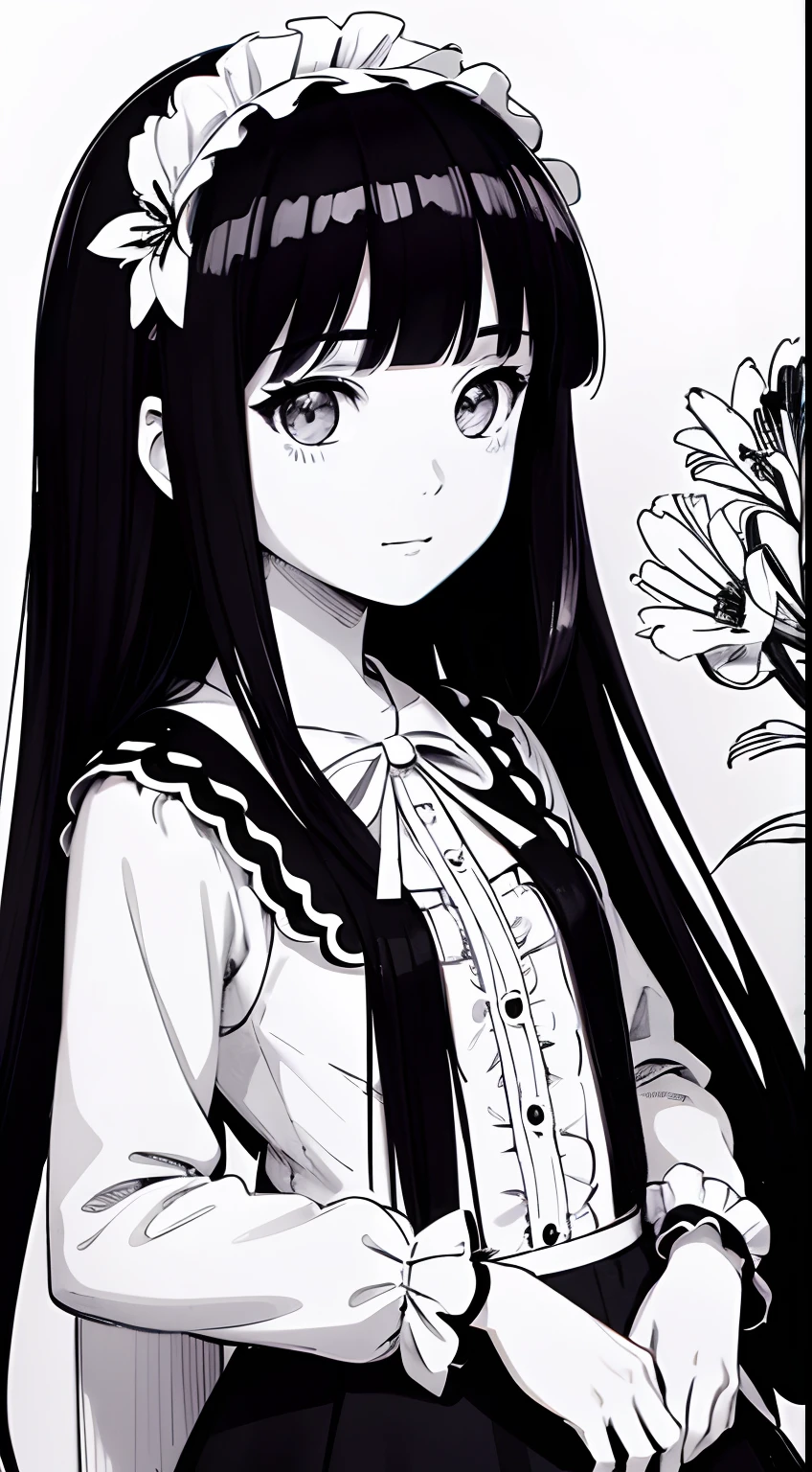 Black and white stick figure girl with lily background,  in dress with flowers, its fine ink line art, manga style, portrait of magical Loliirl, beautiful line art, black and white comic style, comic book style, manga art style, pencil and ink caricature drawing, black and white coloring,Blunt Bangs,long hair