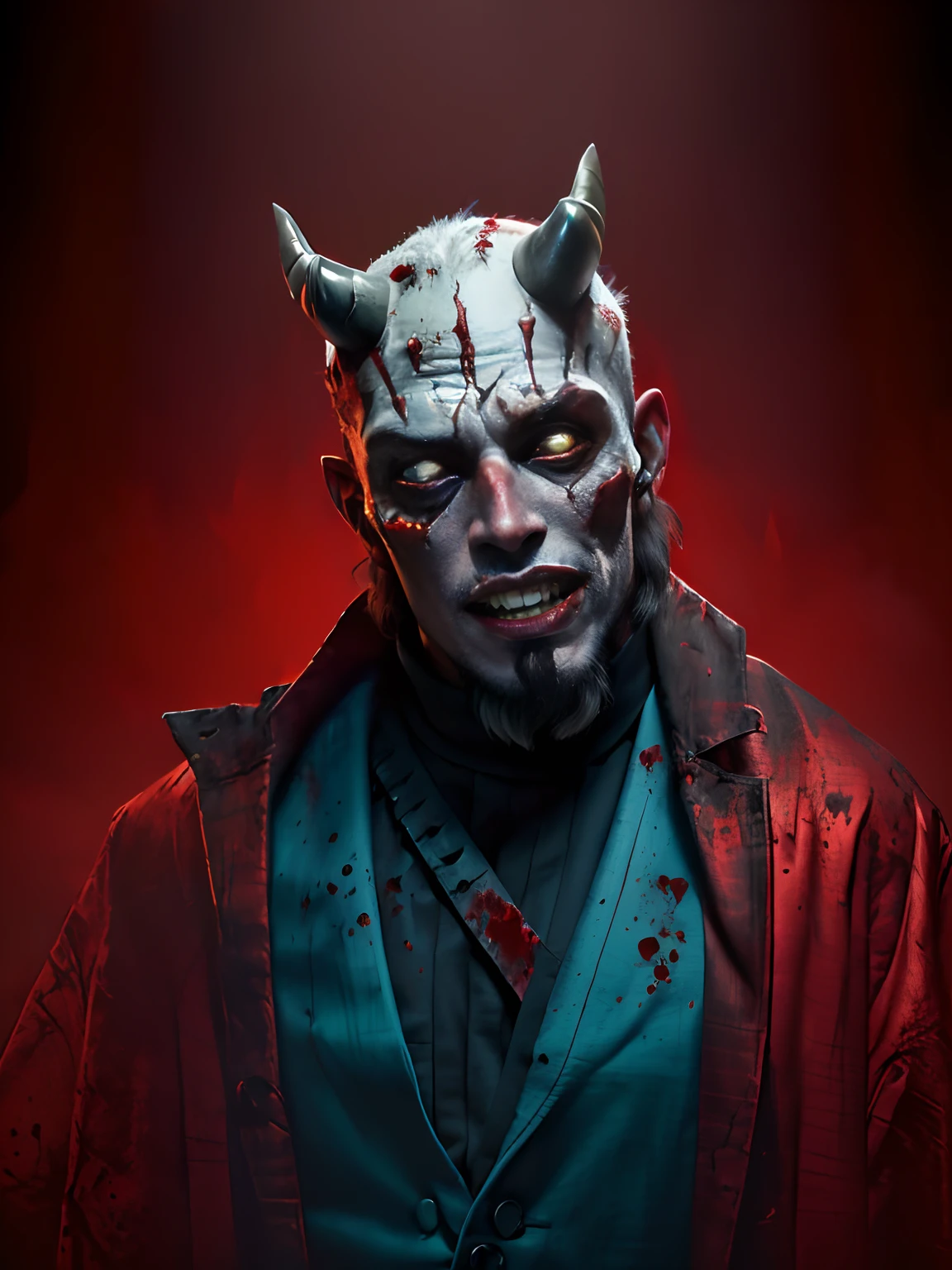 Elon musk with a horned head and a bloodied face, Fit male demon with white horns, diabo, dren de emenda, devils, male vampire of clan banu haqim, the devil, satanic horror, Moloch, com chifres, butcher angry rotting zombie, demoniaca, Tom espera como Hellboy, a devilish grin on his face