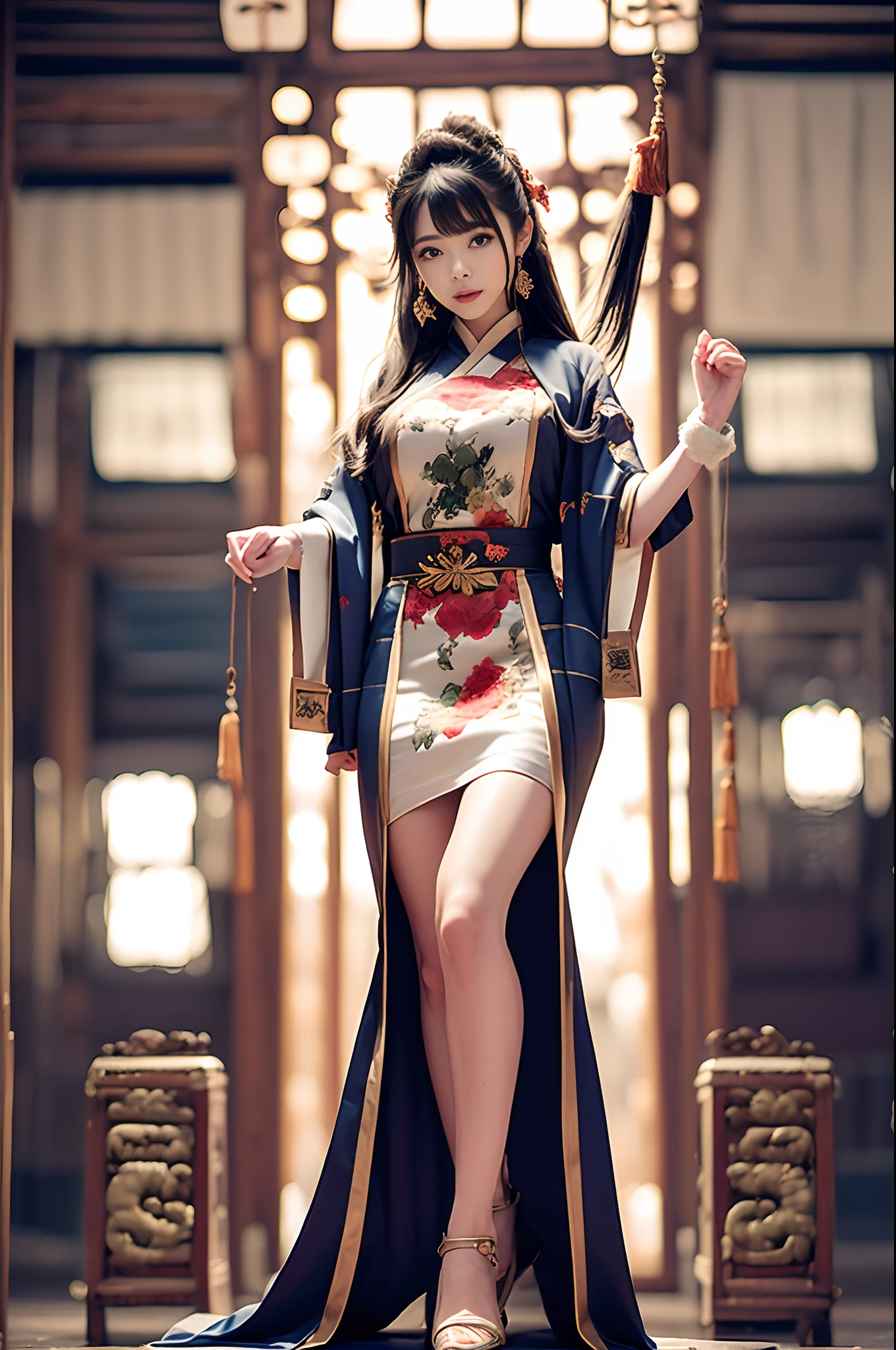(top-quality,masterpiece),(Female martial artist sitting cross-legged),(Very beautiful face,Bewitching look),(A detailed eye,Left and right symmetrical eyes,Detailed lips)、(qipao dress),(Red heel,Bare legged)、Suppin,Feet exposed,Serious gaze,35mm shot,