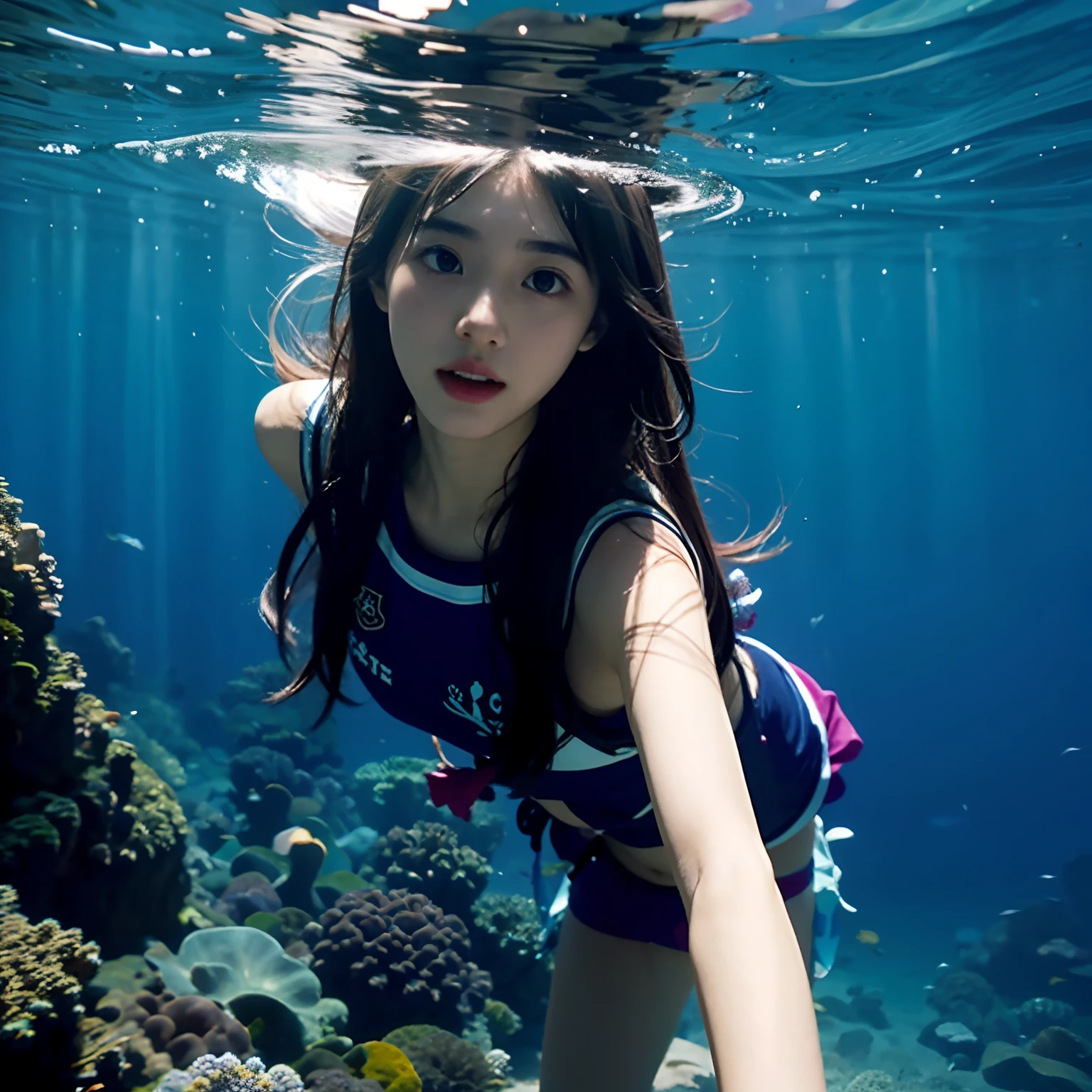 Arafed woman in a blue swim suit swimming in a coral reef - SeaArt AI