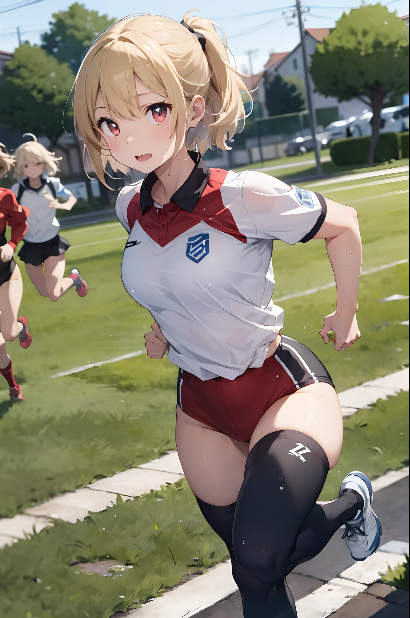 (top-quality、in 8K、32K、masterpiece、nffsw、超A high resolution、Impresionismo、Photorealsitic:1.2)、Angle from above、High angle、cowboy shot、foco nítido、detailed faces and eyes、school ground、athletic field、Evening glow、beauitful face、blurry backround、-yeld beiful girl、shinny skin、Sharp pupils、Realistic pupils、Full body, school ground、beauitful face、blurry backround、18 year old beautiful girl、shinny skin、short-hair、Platinum blonde beautiful hair、Red Eyes、(Athletics Costumes、Running:1.3)、thighs thighs thighs thighs、Curve、Dynamic Poses、Navel Ejection、wetted skin、wetting hair、Powerful composition