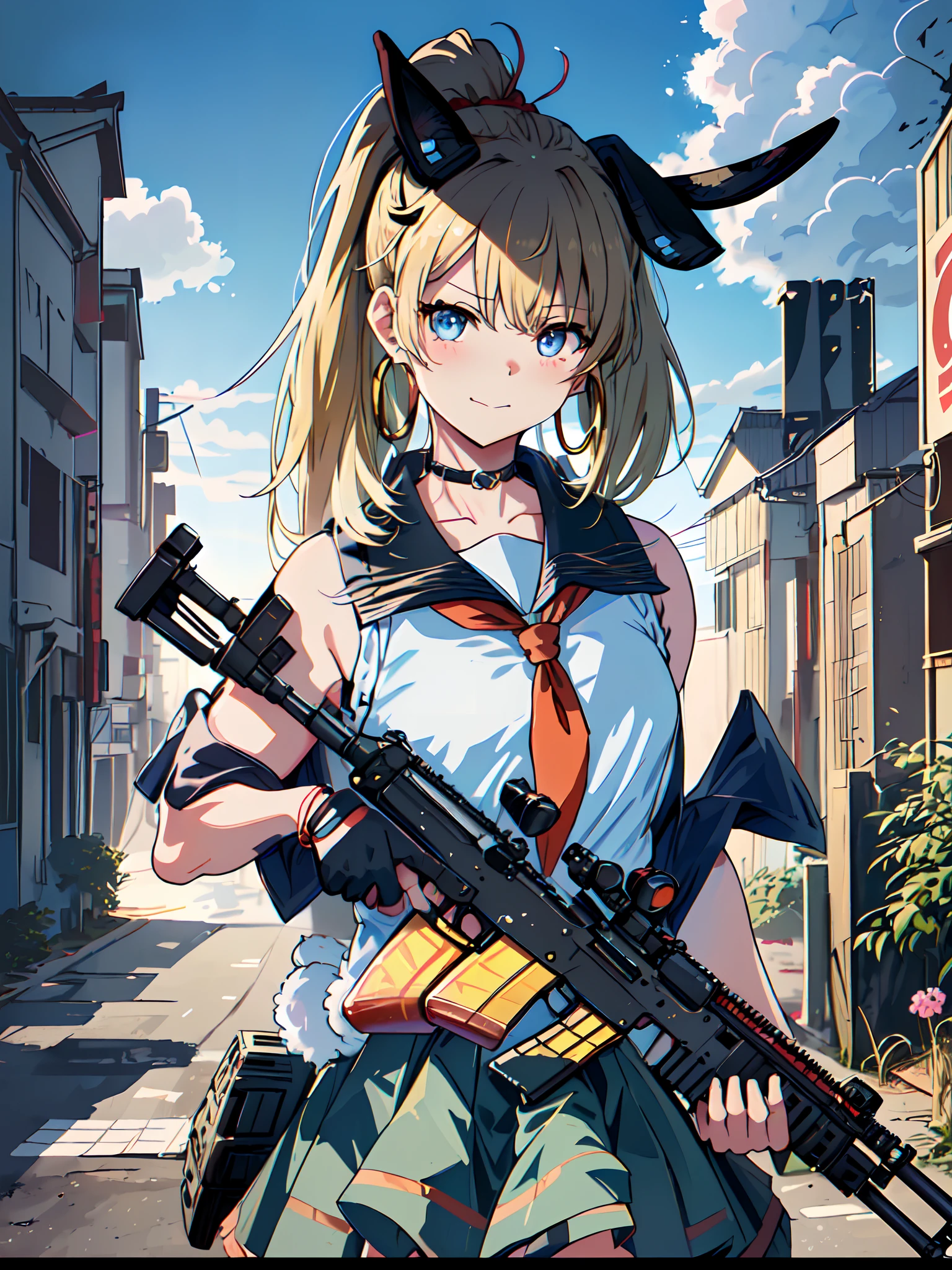 ((Assault Rifle QBZ))、((Hold Gun))、((Has M4))、((Rabbit ears))、((Japan schoolgirl))、(Sleeveless)、((Blonde double ponytail))、Red ribbons、((Idol))、((Schoolgirl Uniform))、((Holding a gun in both hands))、(masutepiece, Best Quality:1.37), Perfect Anatomy, ((perfectly proportions))、Happy face、long、Shyness、Twinkle,(Anime, tone mapped:1.2),Light blue eyes, closes mouth, hoop earrings, Jewelry,  (symmetric), (exceptional, Best aesthetic, new, newest, Extremely detailed:1.2)