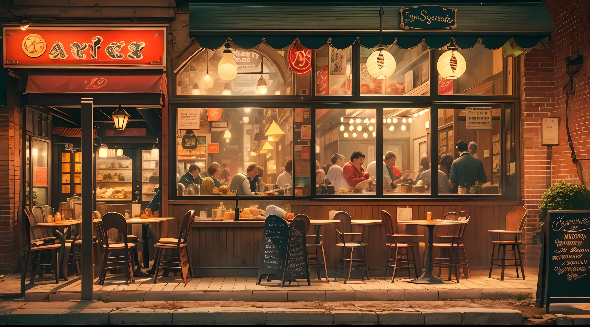 midnight diner, dimly lit scene, cozy atmosphere, late-night customers, delicious aroma, steam rising from the food, sizzling sounds from the grill, comforting warmth, nostalgic decor, neon signs, late-night conversations, worn-out wooden tables, mismatched chairs, worn-out apron on the chef, secret recipes, secret ingredients, greasy and flavorful dishes, bustling kitchen, bustling staff, chit-chat between customers and staff, unique menu items, handwritten specials board, late-night cravings, satisfied smiles, relaxed and casual dining experience, easygoing and friendly staff, old-fashioned cash register, vintage cutlery, antique teacups, flickering candlelight, flickering streetlights, glowing street signs, magical late-night atmosphere, hidden gem in the city, late-night rendezvous, diverse clientele, the sizzle of fried food on the grill, laughter and chatter echoing in the air, unforgettable dining experience, mouth-watering dishes, comforting food memories, late-night escape, the tranquility of the night, the city asleep outside, a slice of paradise in the darkness. (best quality, ultra-fine painting, realistic, cozy, warm tones, soft lighting)