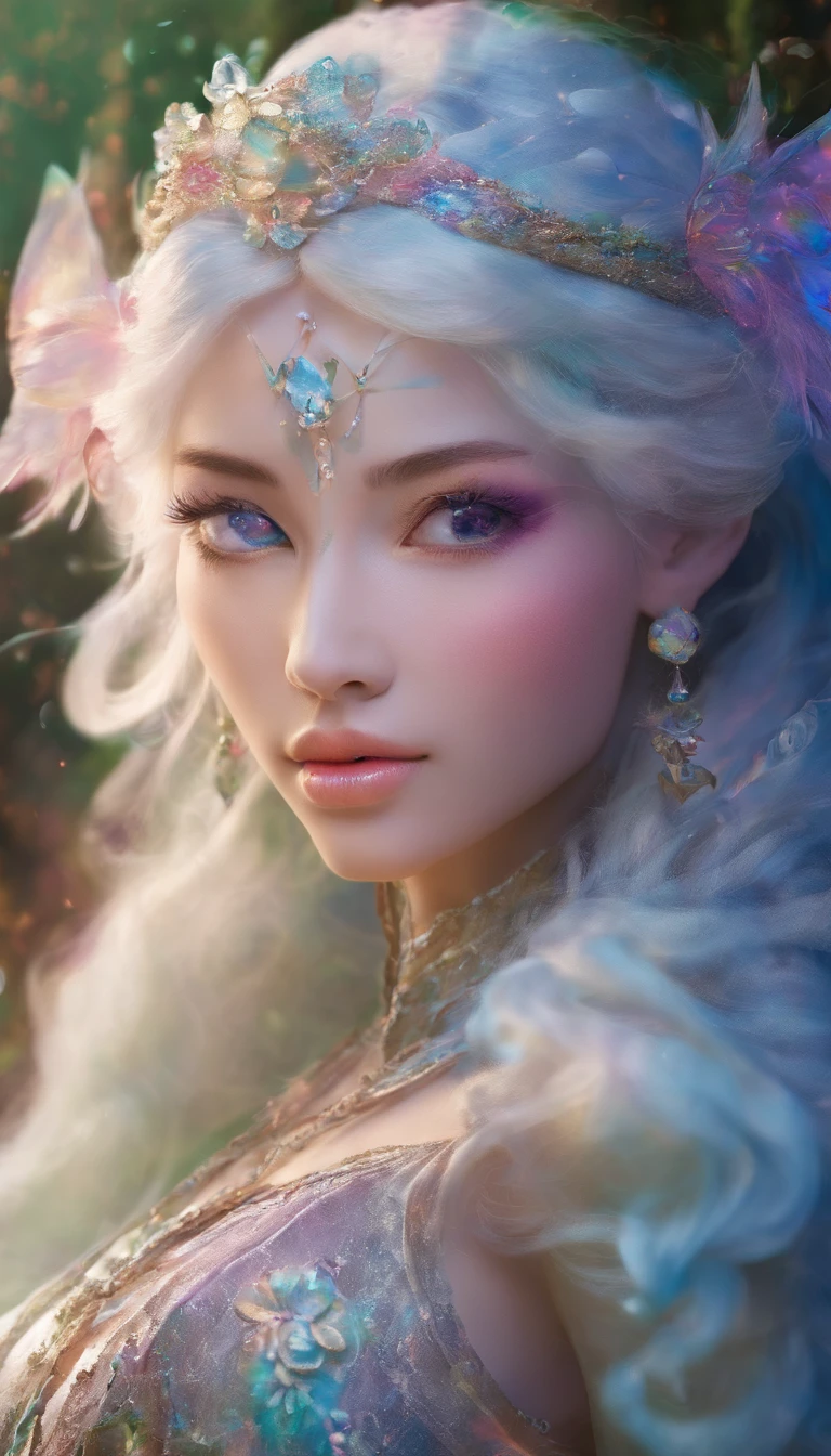 Goddess of dreams,Multi-colored hair,Chinese face,delicated face,rosto magro,Bokeh background,dream magical,on focus,tmasterpiece