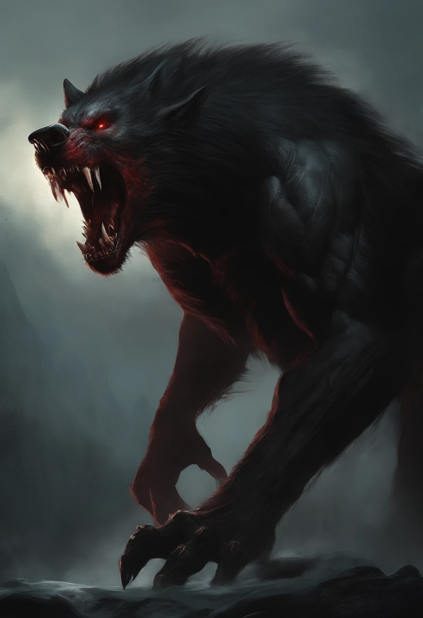 A painting of a werewolf creature with a bloodied fangs, carnage, Sci - Horror Art of Fiction, Science fiction horror artwork, inspired by Aleksi Briclot, wolf, de carnage, Horror fantasy art, par Aleksi Briclot, Horror concept art, venin, Art fantastique et horreur, Detailed illustration of 4K horror, beast creature, Dark Horror Art