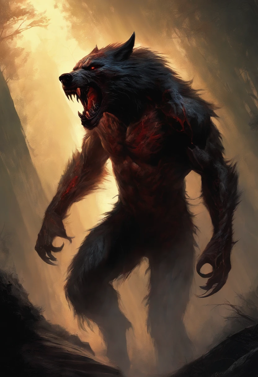 A painting of a werewolf creature with a bloodied fangs, carnage, Sci - Horror Art of Fiction, Science fiction horror artwork, inspired by Aleksi Briclot, wolf, de carnage, Horror fantasy art, par Aleksi Briclot, Horror concept art, venin, Art fantastique et horreur, Detailed illustration of 4K horror, beast creature, Dark Horror Art