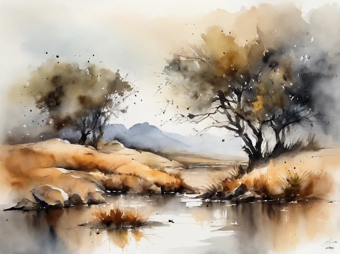 Serengeti landscape painting, ink and watercolor painting, water ink, ink, Stain, Distant view, Ultra wide angle of view, Meticulous, Five cows scheme, Five scalps, Riverside, grassy fields, Tree, Landscape is a mountain,(8k wall paper),,light and shadow effect),octane processing,White balance design,Highly detailed picture depiction,wide angles,depth of field,masterpiece,realistic,Beautifully depicted,Detailed,accurate,Masters' works masterpiece