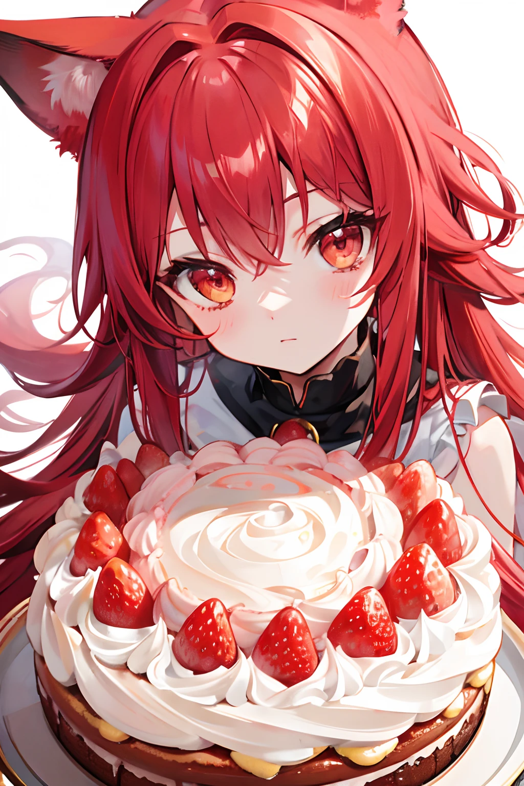 red tinted hair,Red fox ears,Golden eyes,child,morango,Strawberry cream cake