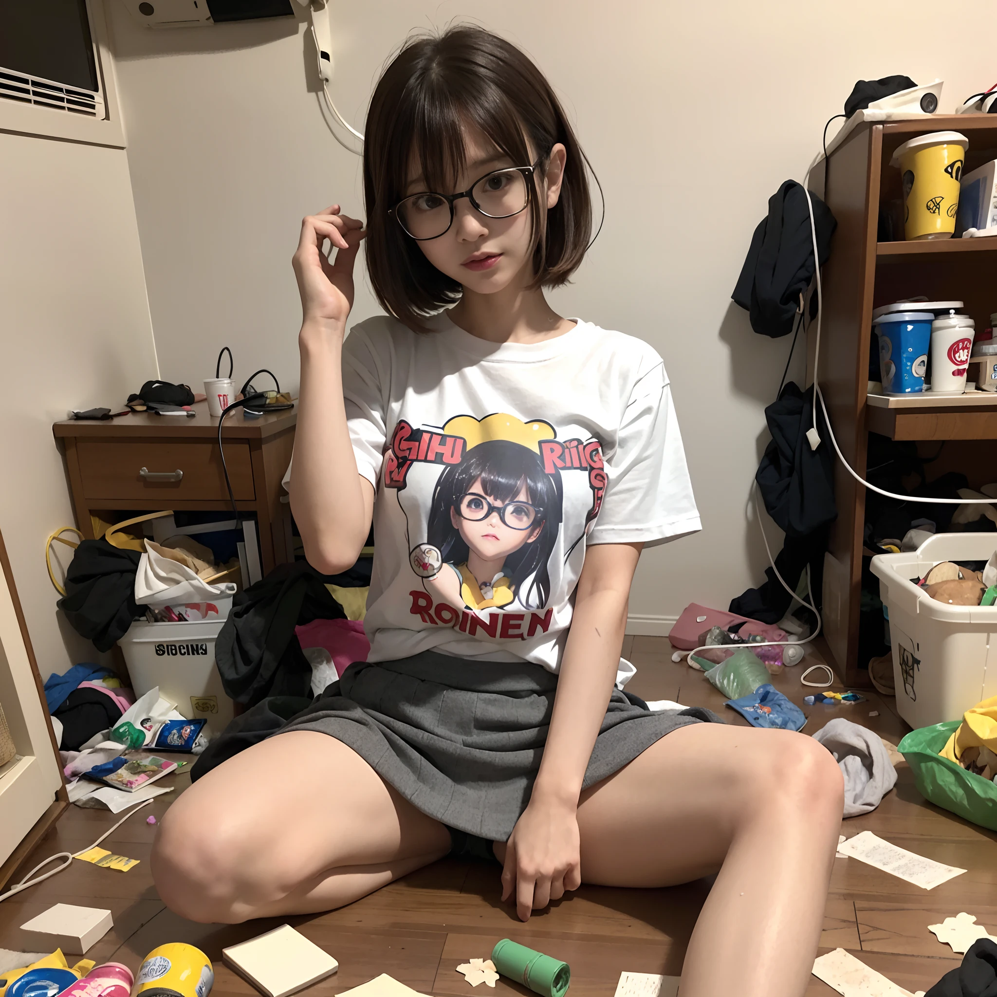 (8K、Raw photography、Top image quality、​masterpiece、:1.2)、(realisitic、Photorealsitic:1.37)、女の子1人、独奏、(Sitting on the garbage in an incredibly dirty room、Cute Japan girl operating smartphone:1.4)、Anime Otaku Girls、A dark-haired、short-hair、dishevled hair、Unkempt hair、bangss、Happy expression on face、Small bust、Wearing glasses、Anime Character Print T-Shirt、a miniskirt、head phone、Sitting on the floor、Agra、Room full of garbage、Garbage with rolled tissue、Surrounded by mountains of cartoons、Lots of anime character figures are on display.、Anime poster on the wall、Potato chips on the desk、Spilled potato chips、Roll Energy Drink、Scattering of food waste、Messy room、Underwear left undressed on the floor、超A high resolution、physically-based renderingt、cinematlic lighting、dynamic ungle