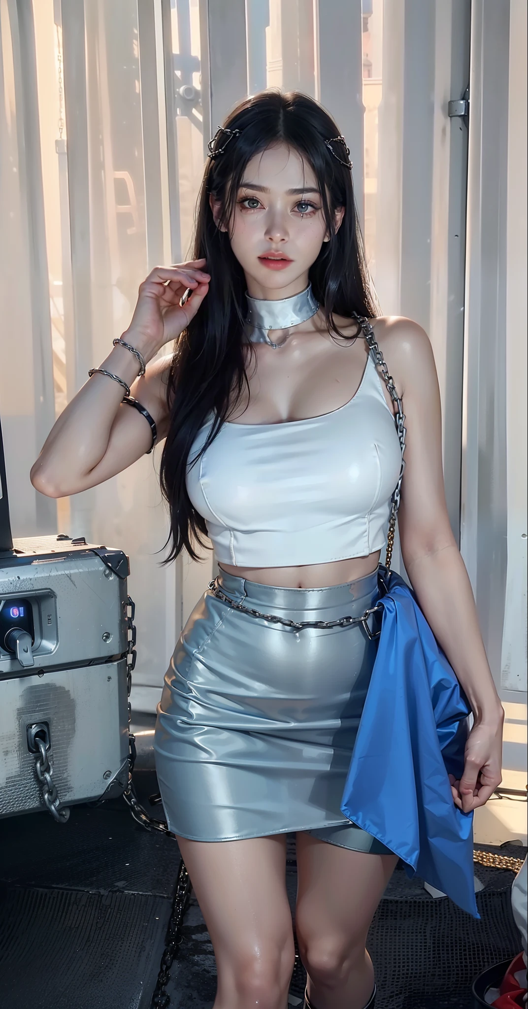 ,((Wearing a torn sheer costume of a superheroine)),(, No bra)), Wet crotch, Wet thighs, Beautiful girl with accentuated slender abs: 1.4, (((nipple tips protruding, areola is protruding, The shape of the pubic region is clearly visible)), sixpack abs: 1.4, Bust Botox, Photo, Sharpness, Unique 850 4, Koda850 k portrait camera, F1.6 shots, Ultra-realistic textures, Spectacular light textures, Cinestil 800 Fashion Mechanics, (futuristic sci-fi battle fashion: 1.1), (tied perfectly by chain), Restraint, Slaves, collars, ((wide prison with sunlight)), Dark fantasy, Realistic material details, extreme hight detail, Ultra-realistic materials ((Torn costume))), Wet, Cloudy, (Chained)), ((big emphasized by chains)), ((chains digging into crotch)), ( (Collar)), (, No bra), shredded costumes, broken golden shields and battle spears,, White combat gloves, Combat shoulder armor, Blood splattered on the face, Blood splattered, Realistic, (Bruises, Dirty, ripped clothing, skimpy clothing, Blood: 1.3), Torn Cape, Torn pantyhose, Long legs, ((iron pipe in the crotch)), Metallic shackles and fetters, ((chains hung from heaven)), Wet crotch is clearly visible, Swarovski's sword and the anatomy beneath his feet, (futuristic sci-fi battle fashion, Torn mesh stockings),