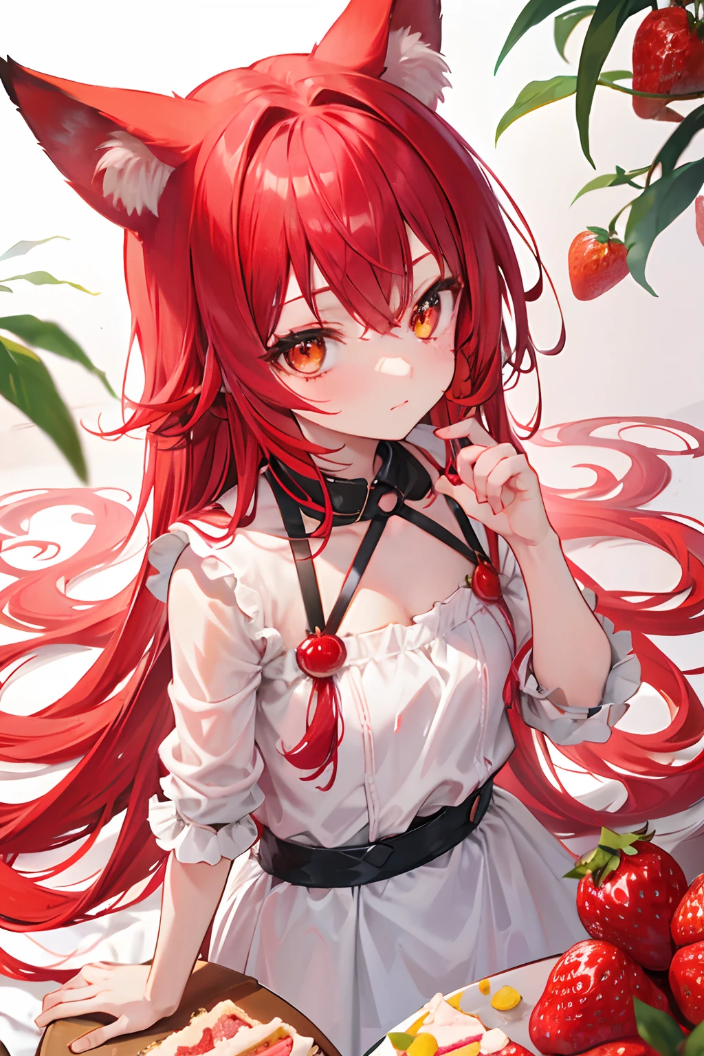 red tinted hair，Red fox ears，Golden eyes，child，morango，Strawberry cream cake