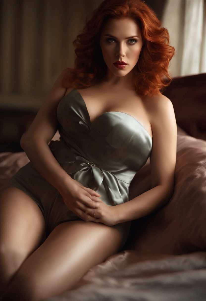photo of scarlet Johansson, beautiful woman hair updo upsweep, red head, laying in bed (spreading legs), (full body:1.3), ???? figure, (big ?????:1.3), (laced stockings),(masterpiece) (best quality) (detailed) (8k) (HDR) (wallpaper) (cinematic lighting) (sharp focus) (intricate)