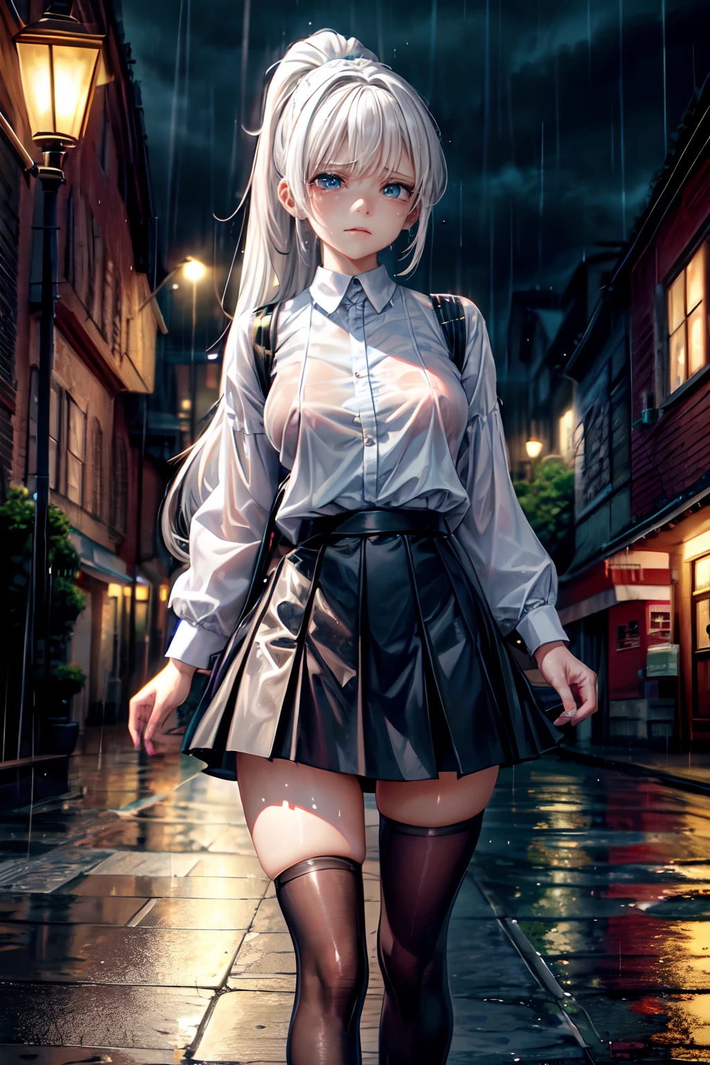 masterpiece, best quality, ultra detailed, 1girl, long white hair, bangs,ponytail, short black shirt, ((sad look)), small boobs, short black schoolgirl skirt, black tights, black sneakers, ((beautiful rainy night)), tears, houses, wet, road, lampposts, flowers, detailed scenery, dynamic angle, dynamic pose, starrystarscloudcolorful, bad-girl, mature female
