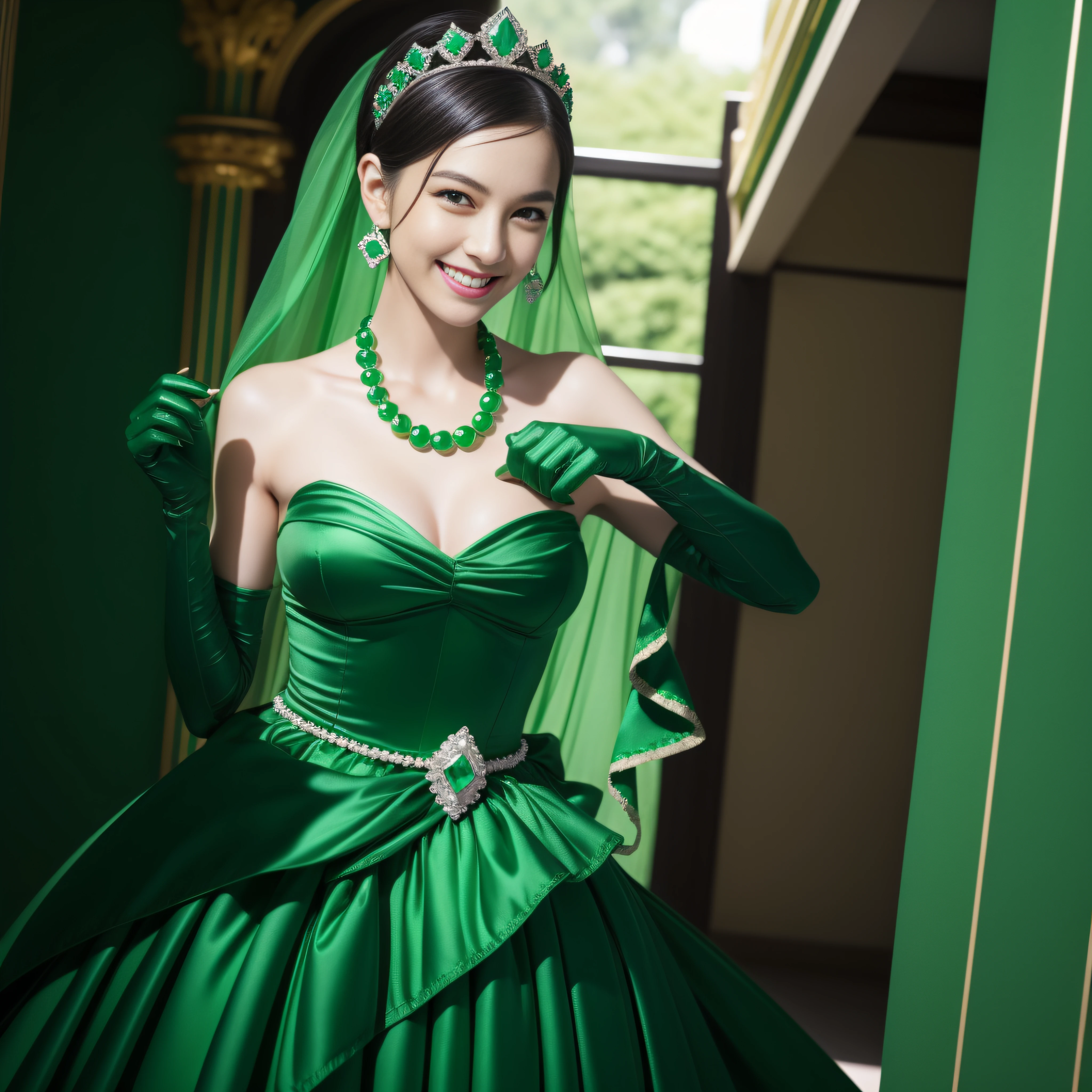 emerald tiara, Green Pearl Necklace, Boyish very short green hair, lipsticks, Japan woman smiling, very short short hair, fist, big breasts beautiful, Green eyes, Long green gloves made of satin material, Green eyes, Emerald Earrings