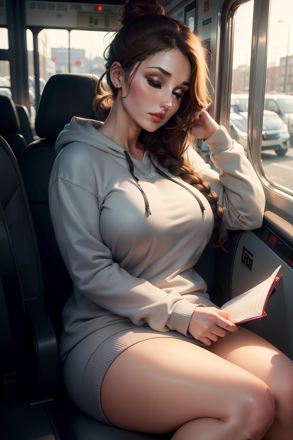 Lucy Pinder, portrait, face portrait, red lips, voluptuous, straight hair, brown hair, hair in a bun, braid in hair, gray sweatshirt, hoodie, jeans, sitting asleep on the bus, eyes closed.