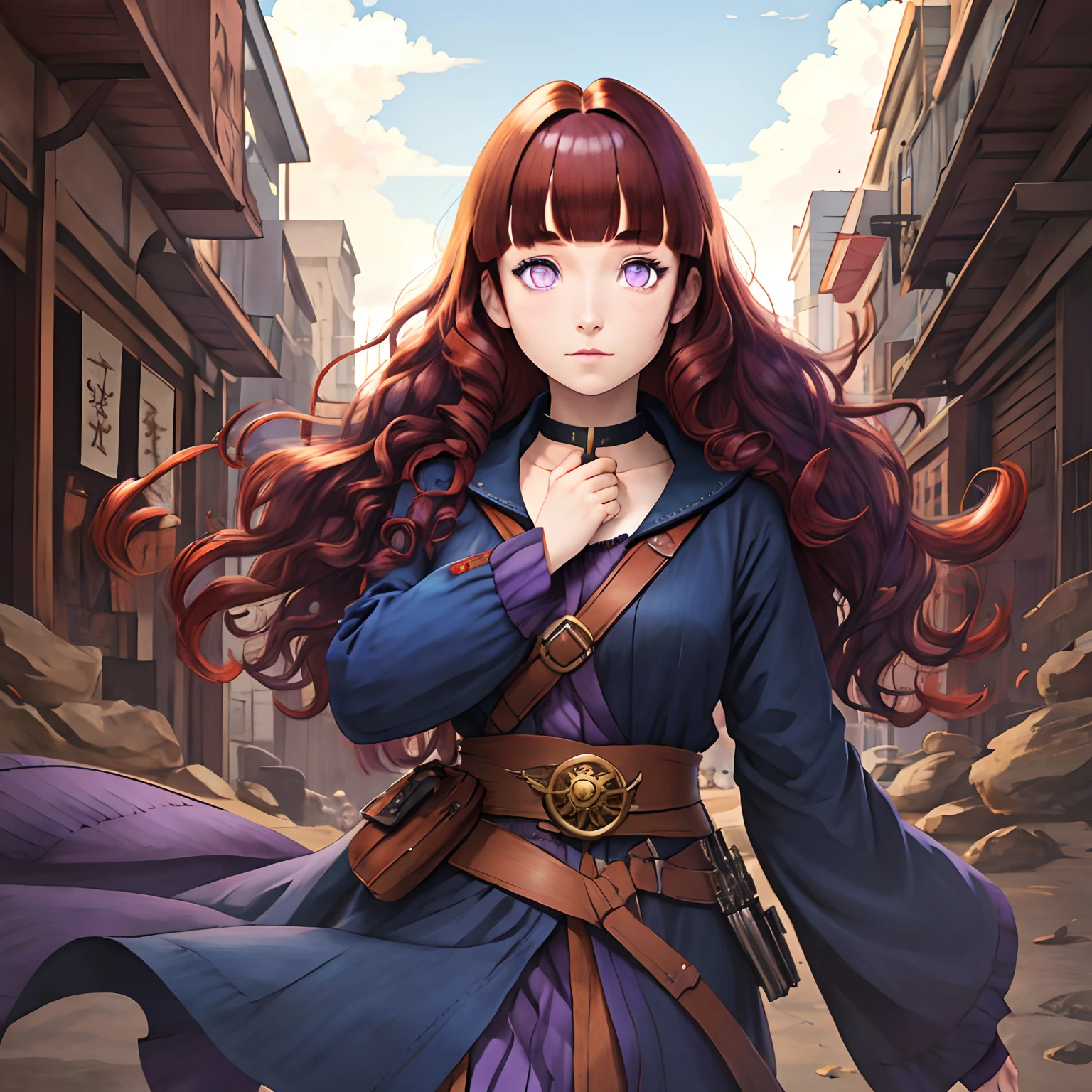 masterpiece,best quality,1girl,solo,market,redhead,wavy hair,Blunt Bangs, purple eyes, long dark blue hair