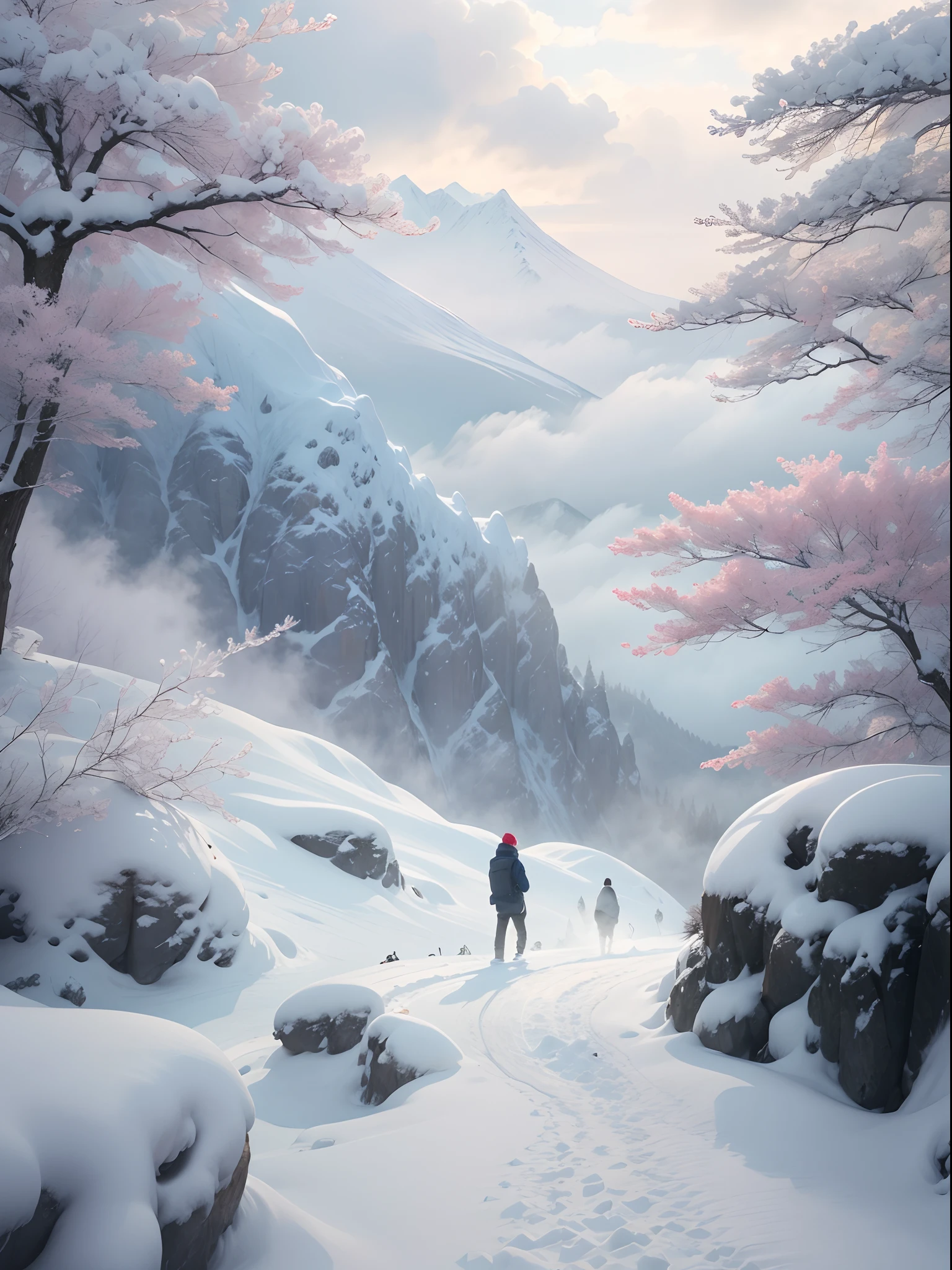 snow mountains,fog atmosphere,drifting snow,Fluttering snowflakes,yukito,People in the mountains