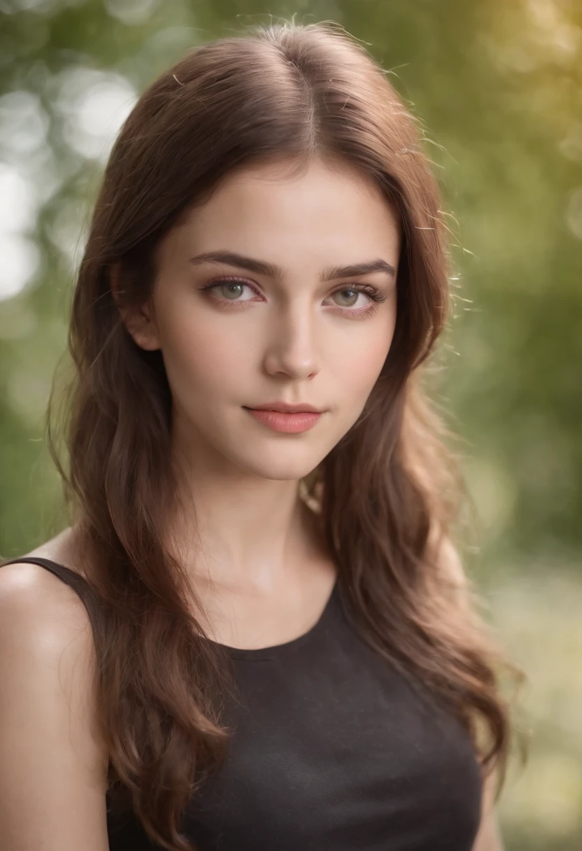 woman 21 years old, brown hair, grean eyes, slimskin, Realistic, full size image