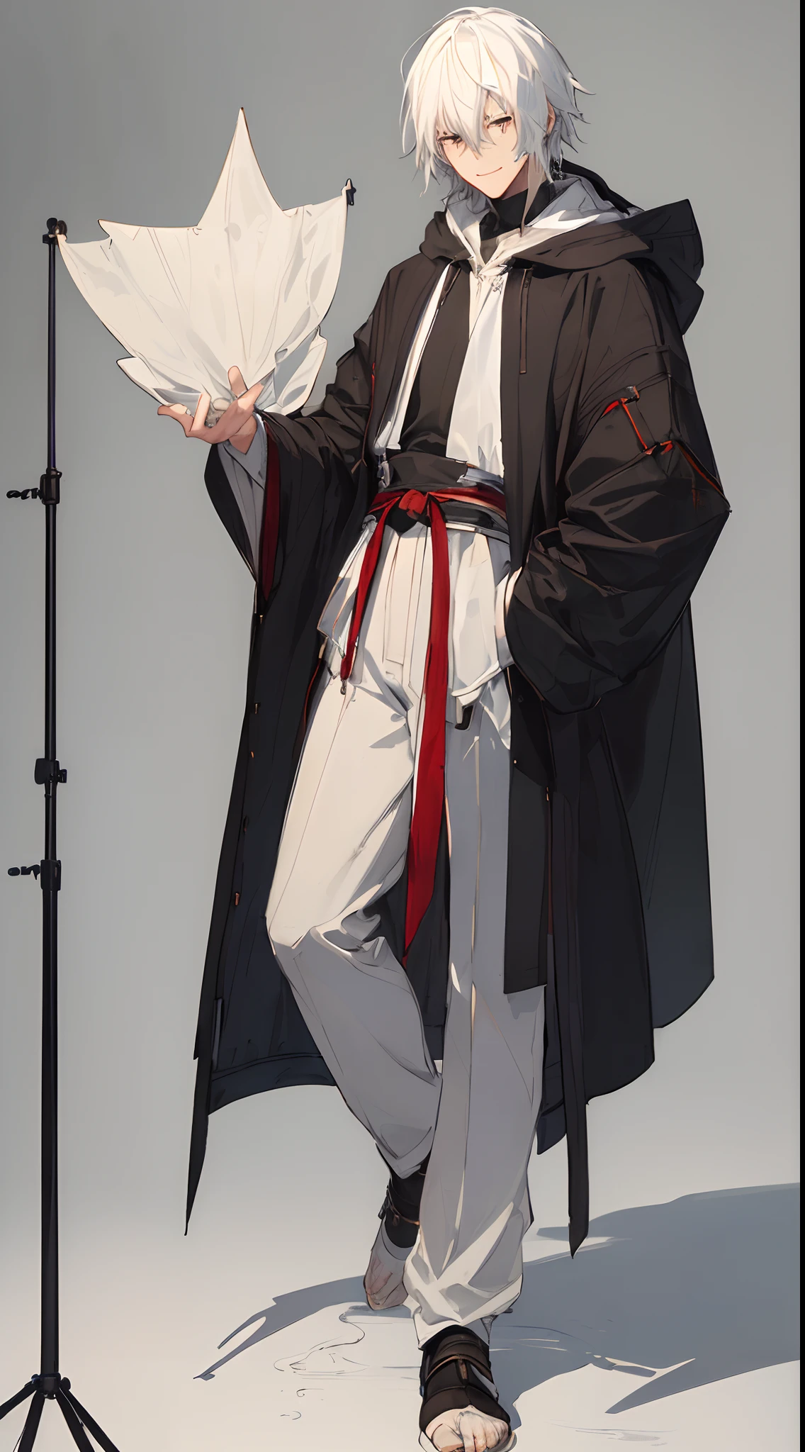 (masterpiece、top-quality、hightquality)、((((Dramatic)))、(((vehement)))Full body image of a young man。Smiling、Thin hooded jacket、JINS。white hair、shorth hair、is standing、modeled、Studio、relax、I raised one hand