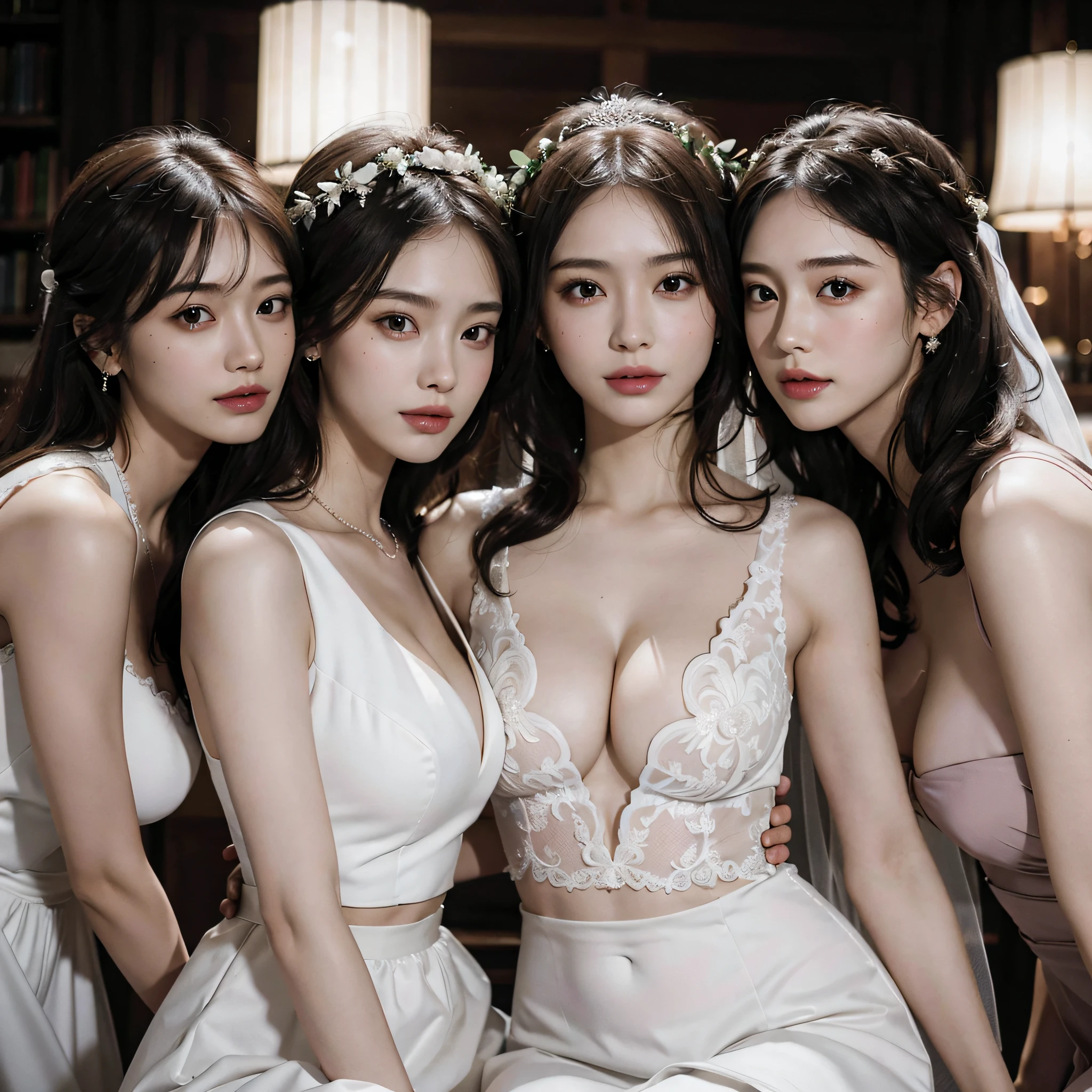 absurdres, RAW photo, extremely delicate and beautiful, masterpiece, Best Quality, ultra high resolution, 16k, hyperrealistic, ultra-detailed, Very detailed CG 8k wallpaper, Beautiful Lighting, Perfect Lightning, Realistic Shadows, perfect anatomy, super Detailed skin, perfect figure, Japanese woman, late 20s, very Slim body, narrow waist, very small head, handsome detailed woman, very detailed eyes and face, realistic face proportions, Stunning detailed eyes, Realistic beautiful face, very small face, Realistic small beautiful eyes, double eyelids, makeup, tearful mole, mole on chest, earring, bare legs, beautiful and very thin legs, beautiful and very thin thighs, (((very huge round breasts))), (((full body shot))), ((short hair)), wavy hair, (((wedding dress))), midriff peek, (sleeveless), (((yuri))), (((((3 girls))))), (hug)